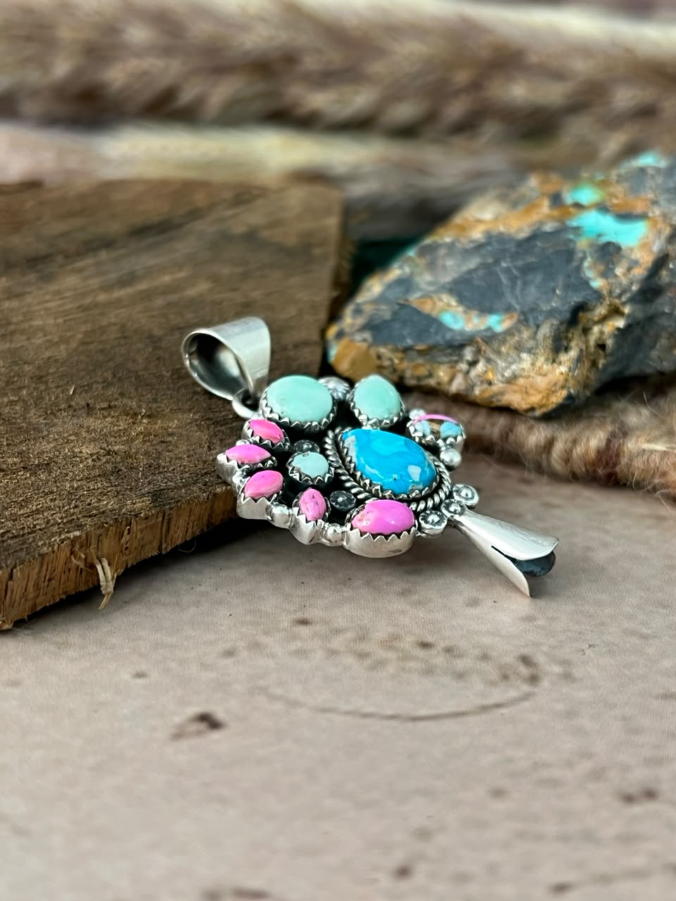 Handmade Sterling Silver Cotton Candy with White Water and Paloma Turquoise Squash Blossom Pendant Signed Nizhoni