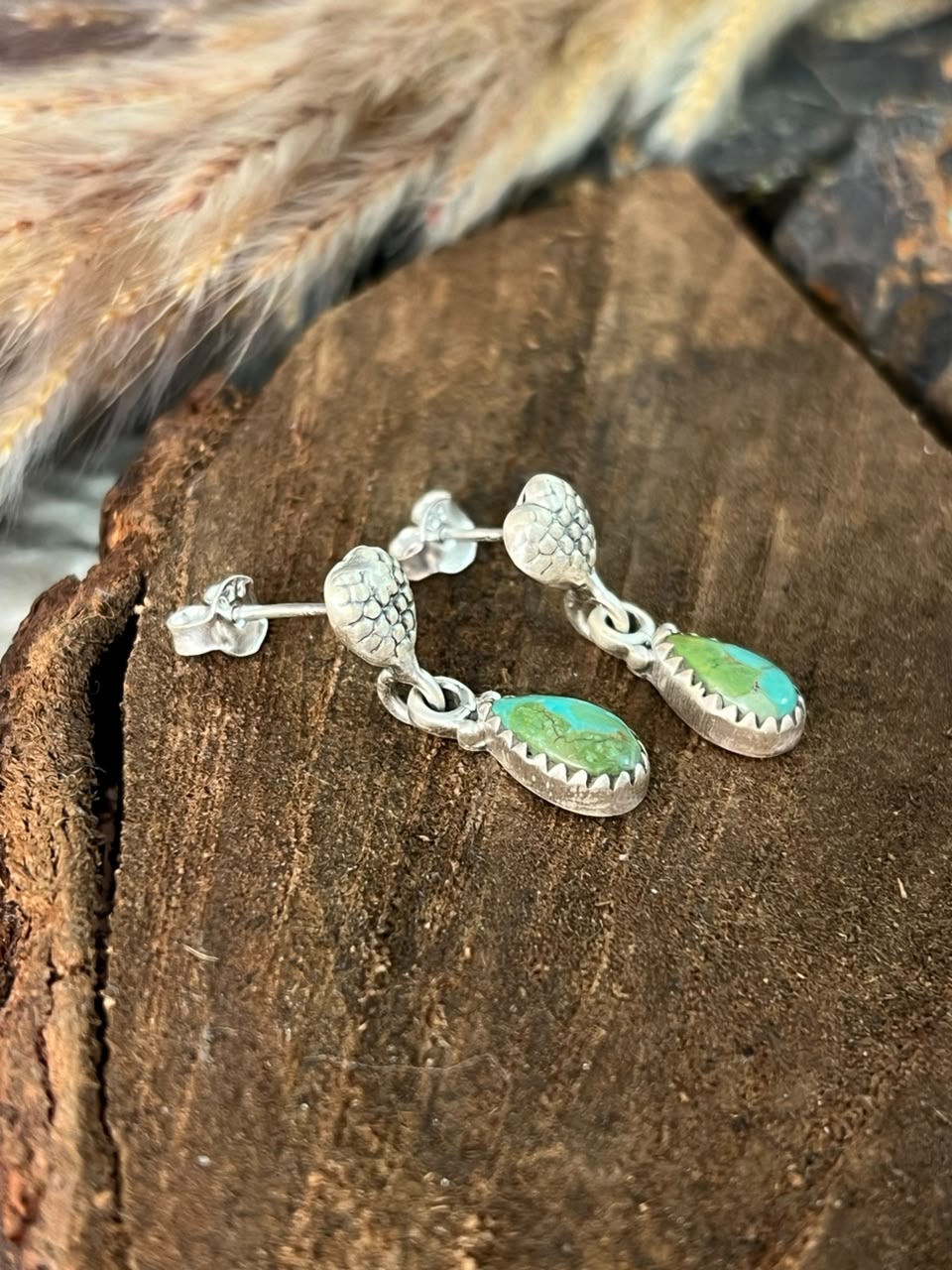 Handmade Sterling Silver Kingman Turquoise Post Dangle Earrings Signed Nizhoni