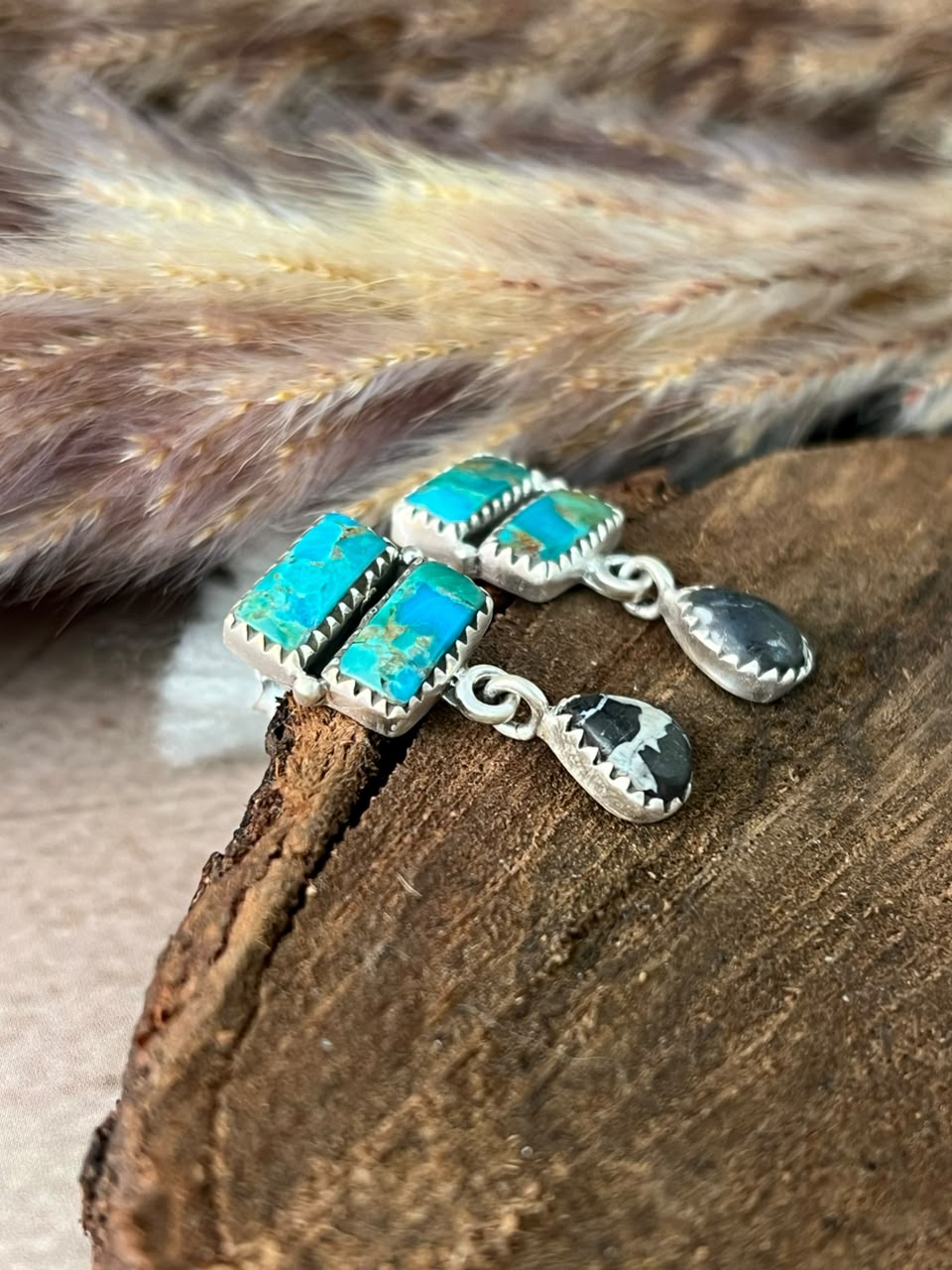 Handmade Sterling Silver Kingman Turquoise with White Buffalo Post Dangle Earrings Signed Nizhoni