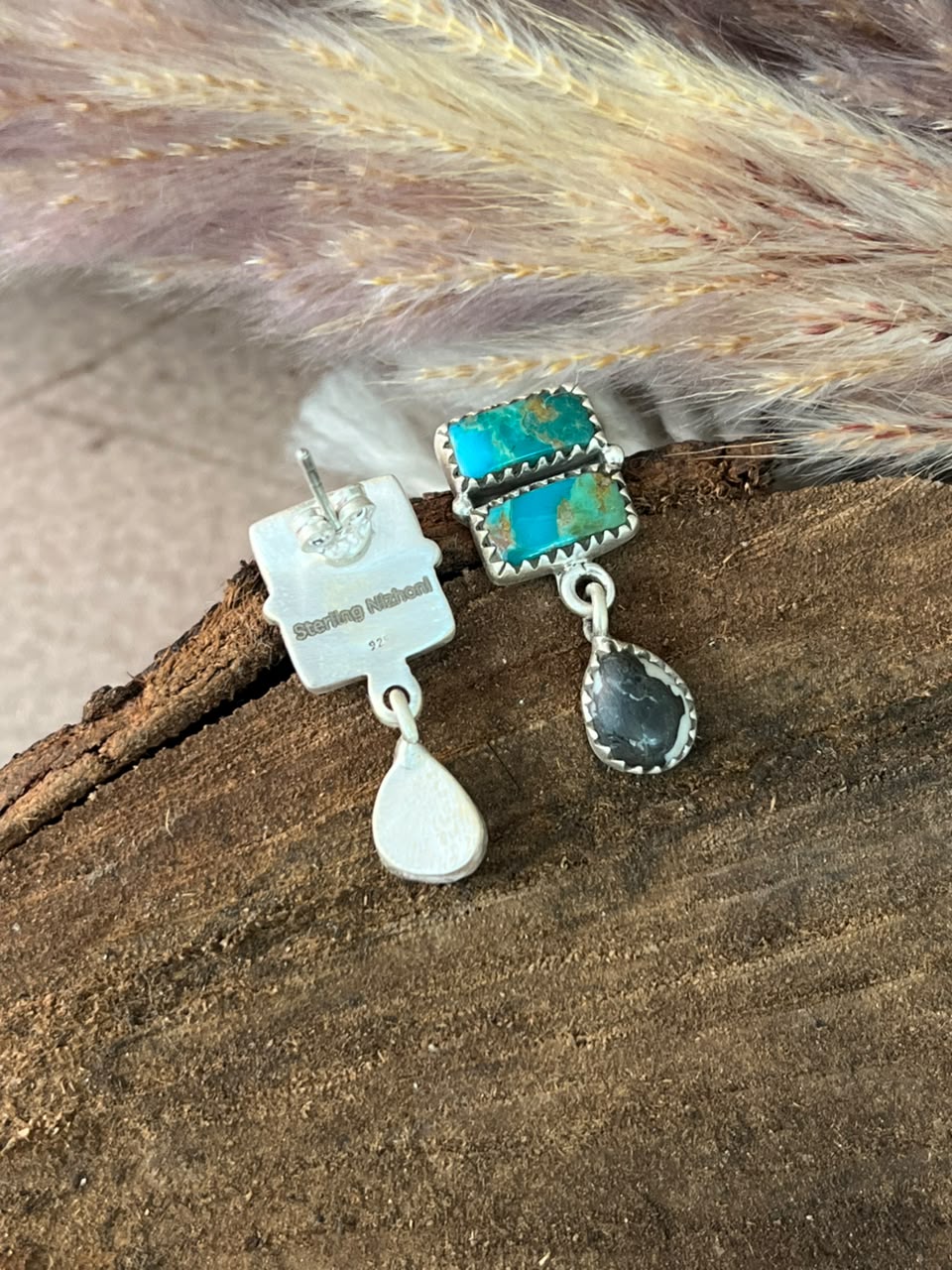 Handmade Sterling Silver Kingman Turquoise with White Buffalo Post Dangle Earrings Signed Nizhoni