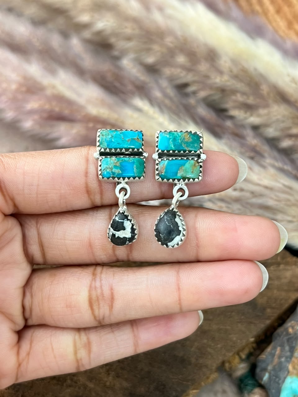 Handmade Sterling Silver Kingman Turquoise with White Buffalo Post Dangle Earrings Signed Nizhoni