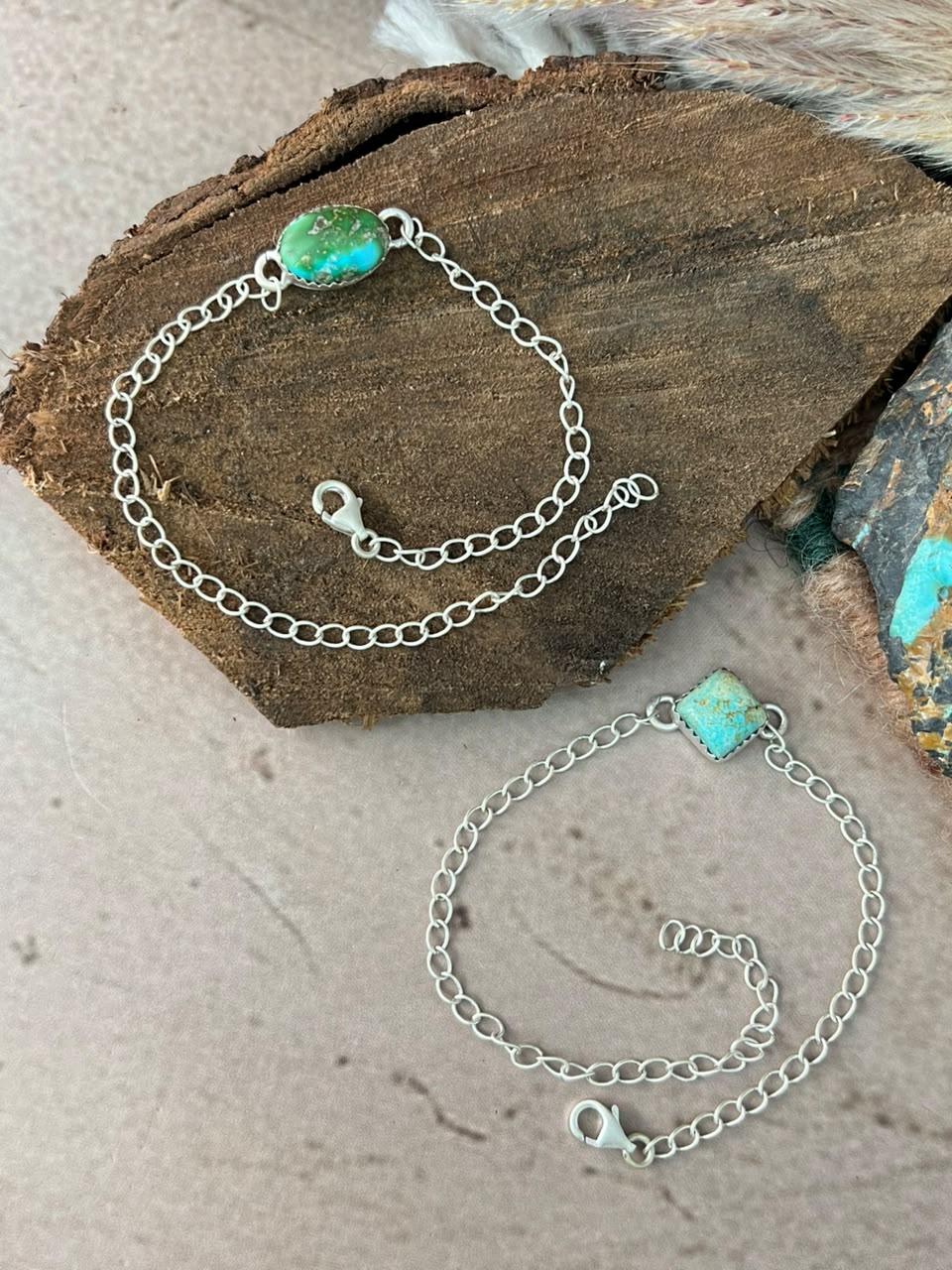 Handmade Sterling Silver Sonoran Mountain and Number 8 Turquoise Chain Bracelet Signed Nizhoni