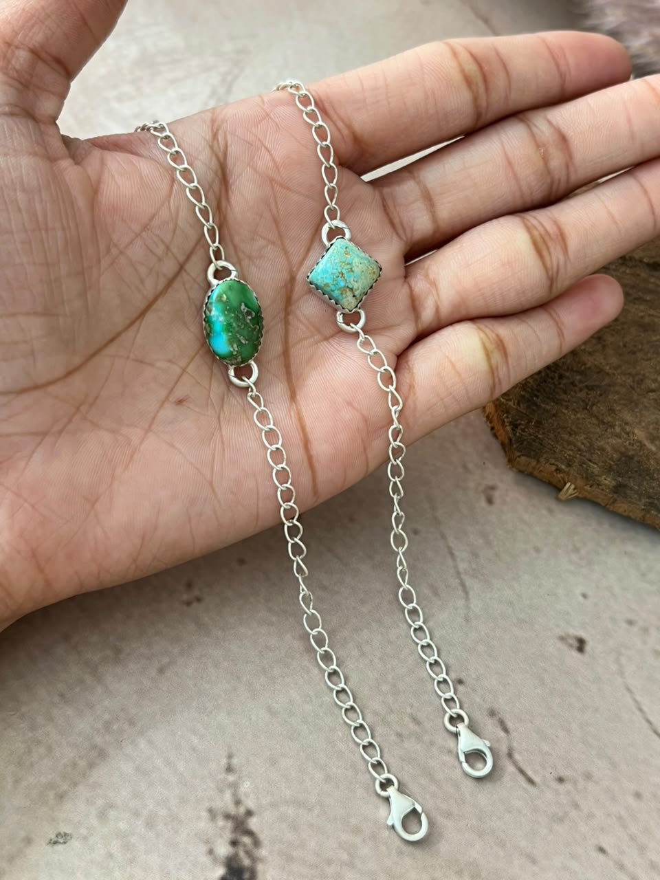 Handmade Sterling Silver Sonoran Mountain and Number 8 Turquoise Chain Bracelet Signed Nizhoni