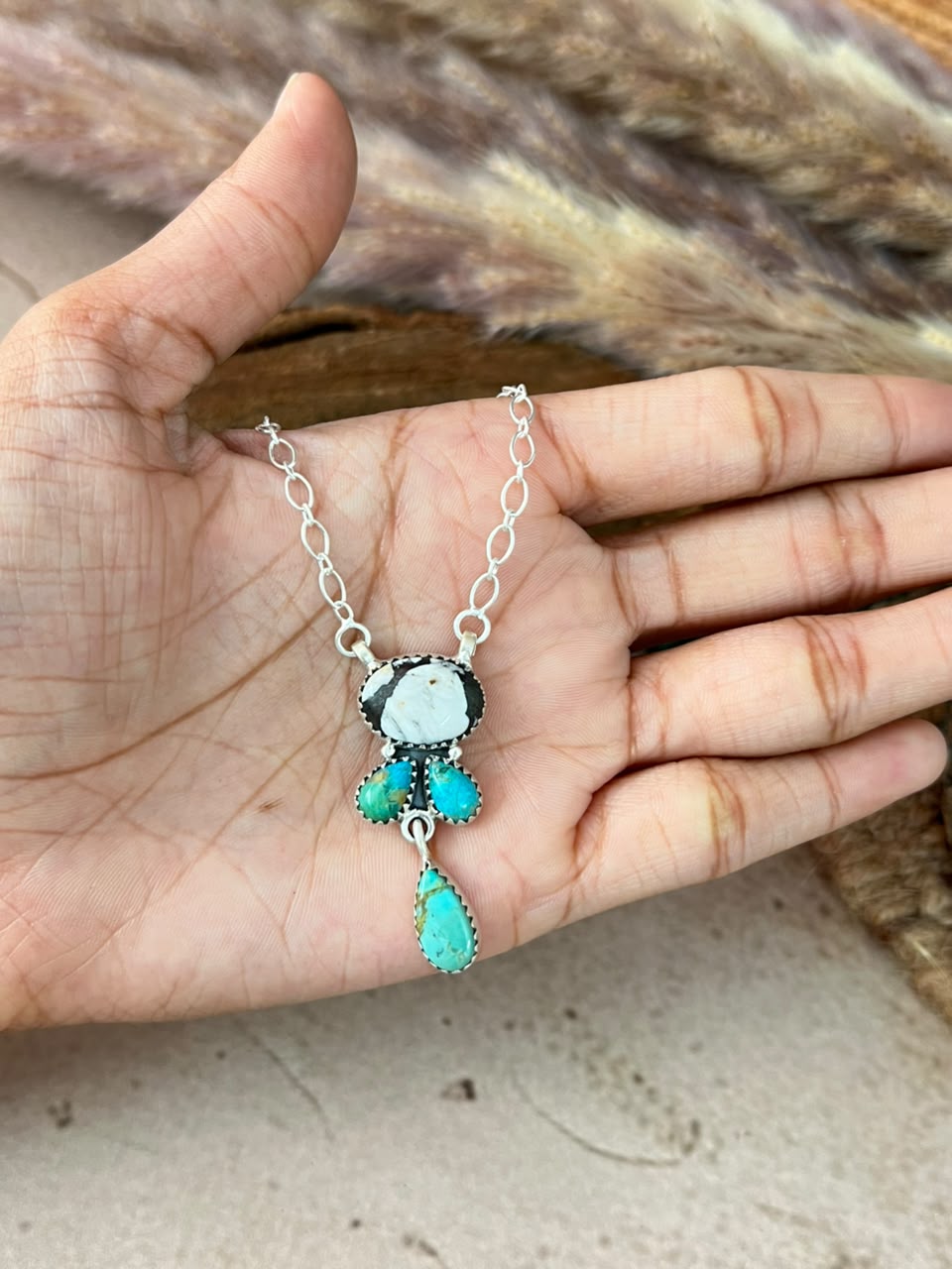 Handmade Sterling Silver Kingman Turquoise with White Buffalo Necklace Signed Nizhoni