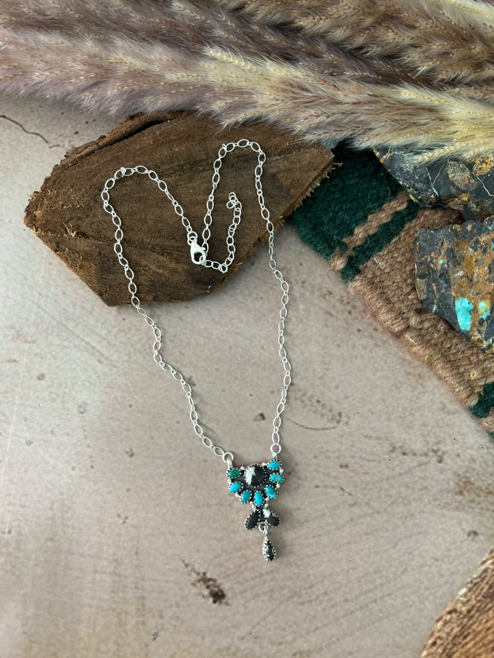 Handmade Sterling Silver Kingman Turquoise with White Buffalo Necklace Signed Nizhoni
