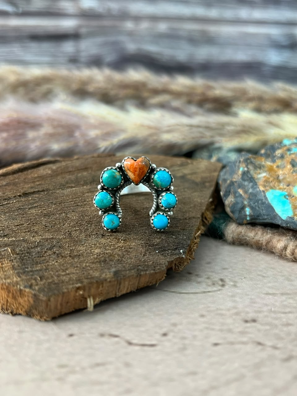 Handmade Sterling Silver Kingman Turquoise with Orange Mojave Naja Adjustable Ring Signed Nizhoni