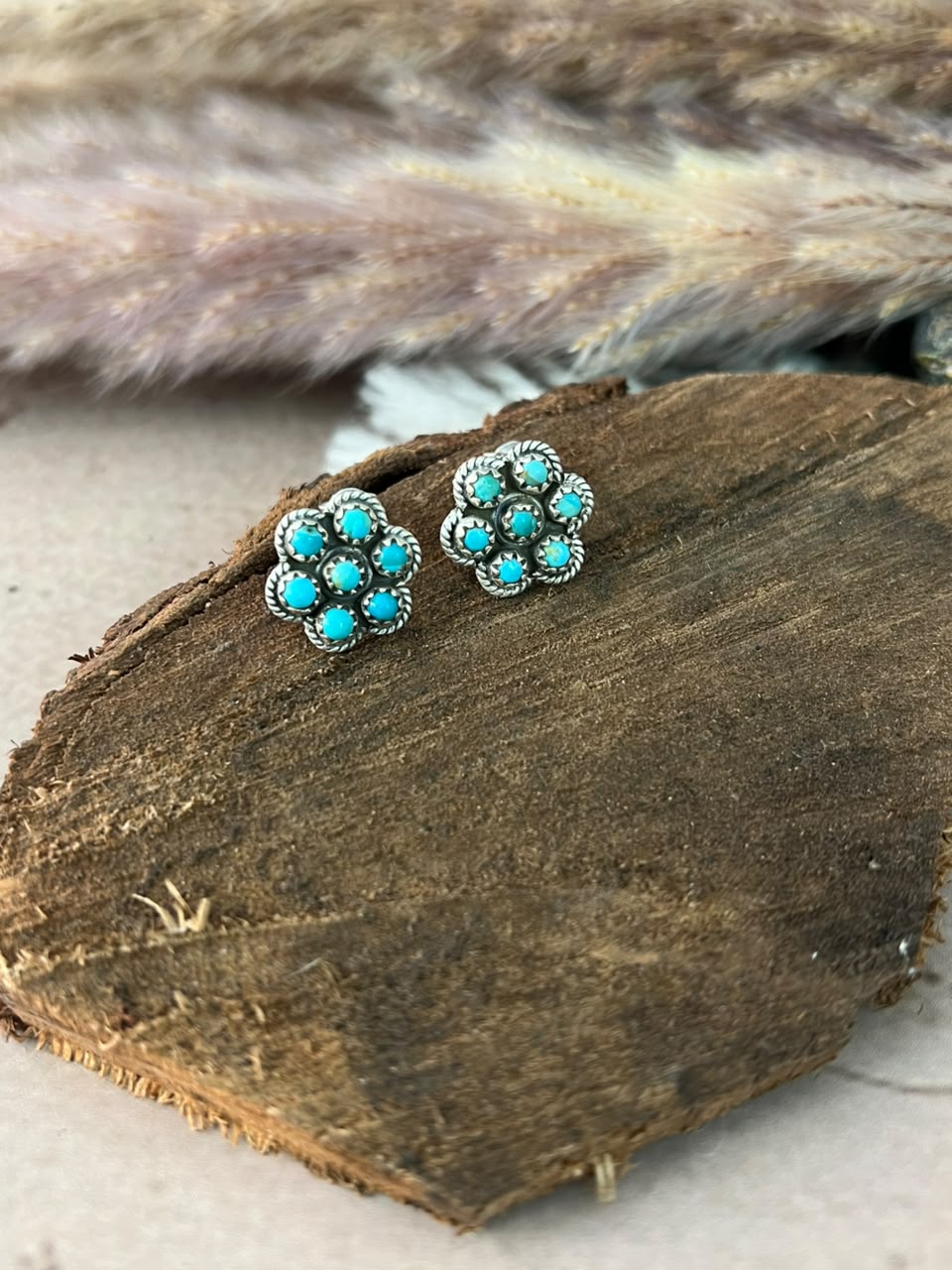 Handmade Sterling Silver Kingman Turquoise Post Studs Earrings Signed Nizhoni