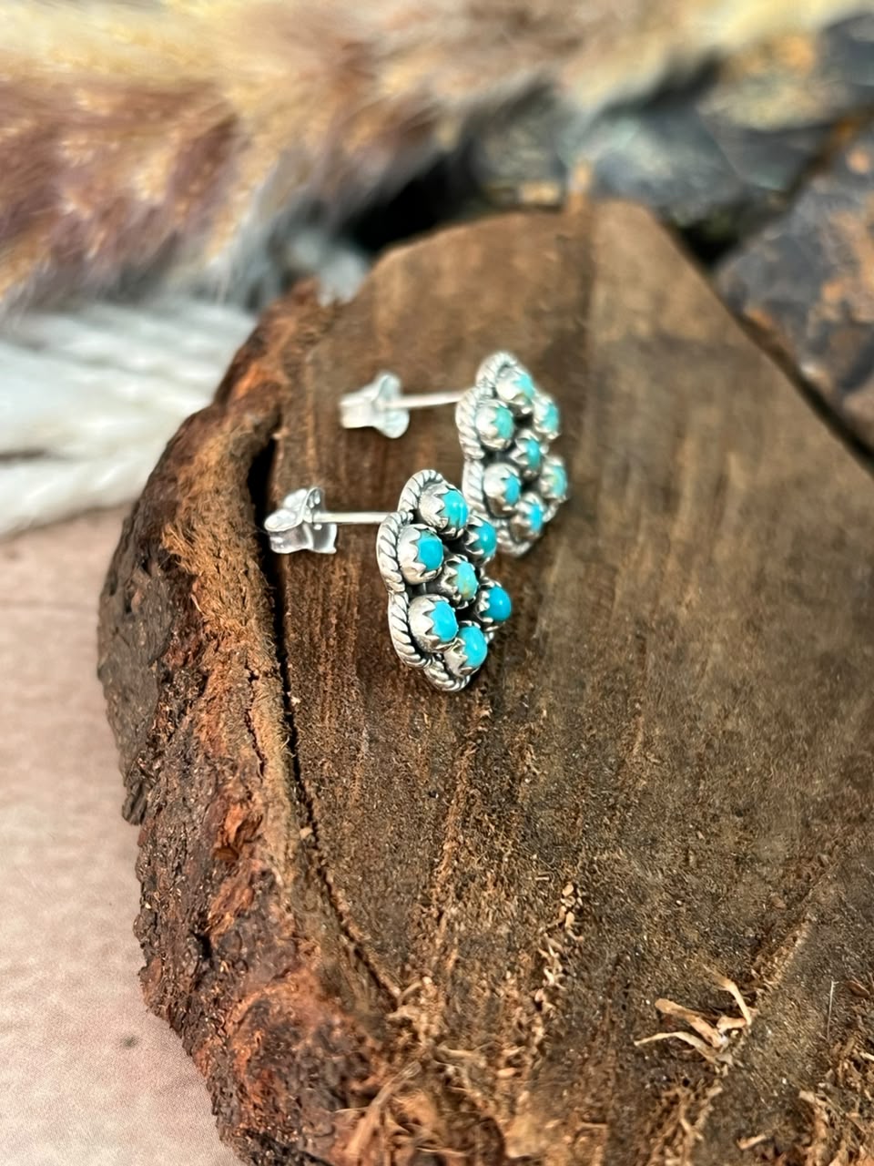 Handmade Sterling Silver Kingman Turquoise Post Studs Earrings Signed Nizhoni