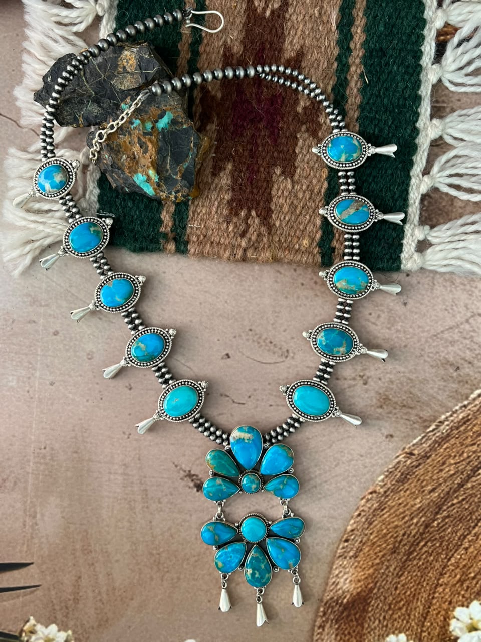 Handmade Sterling Silver Hardy Pit Collection: Beaded Squash Blossom Necklace Signed Nizhoni