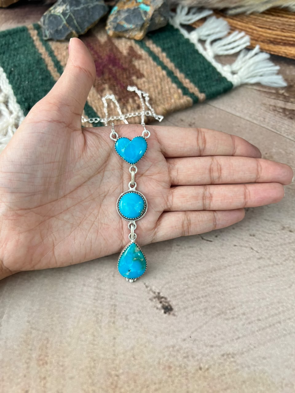 Handmade Sterling Silver Hardy Pit Collection: Drop Necklace Signed Nizhoni