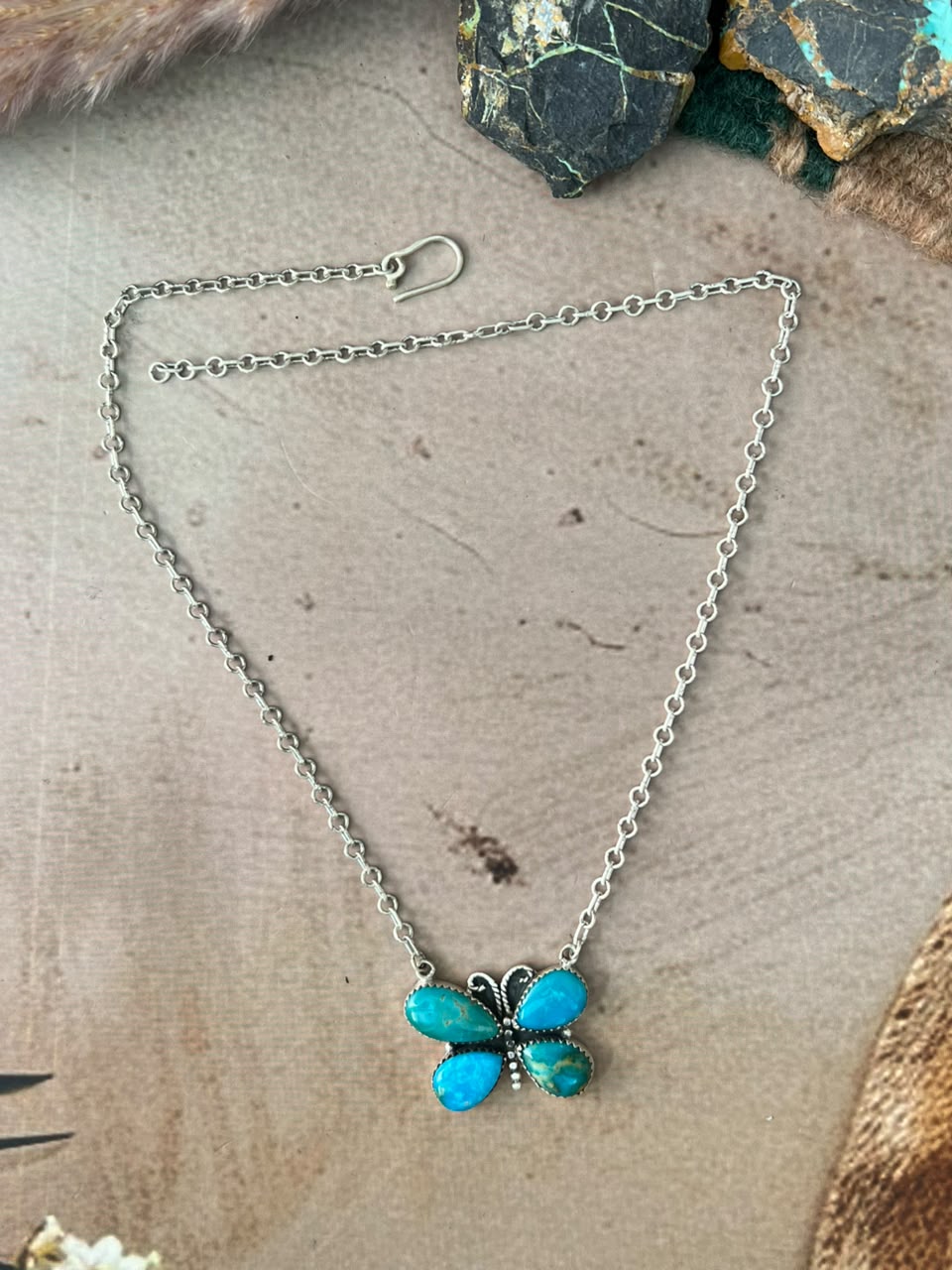Handmade Sterling Silver Hardy Pit Collection: Butterfly Necklace Signed Nizhoni