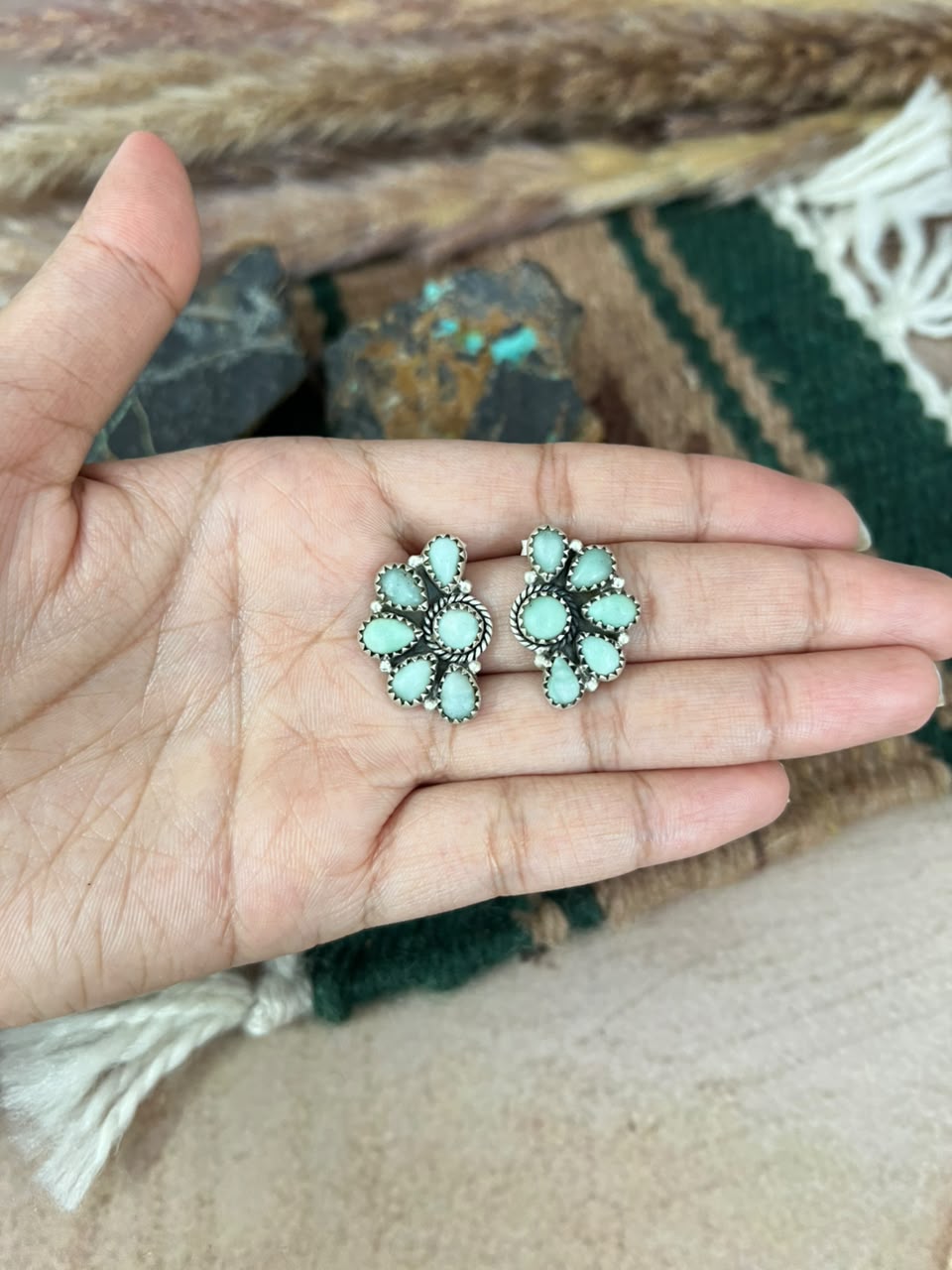 Handmade Sterling Silver Paloma Turquoise Post Studs Earrings Signed Nizhoni