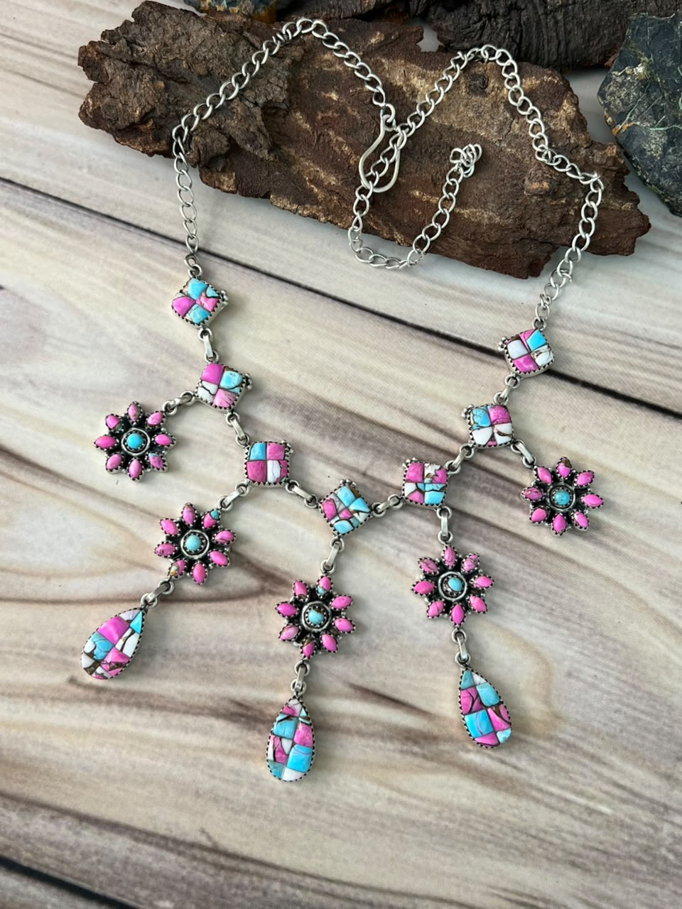 Handmade Sterling Silver Cotton Candy Cobble Stone Necklace Signed Nizhoni