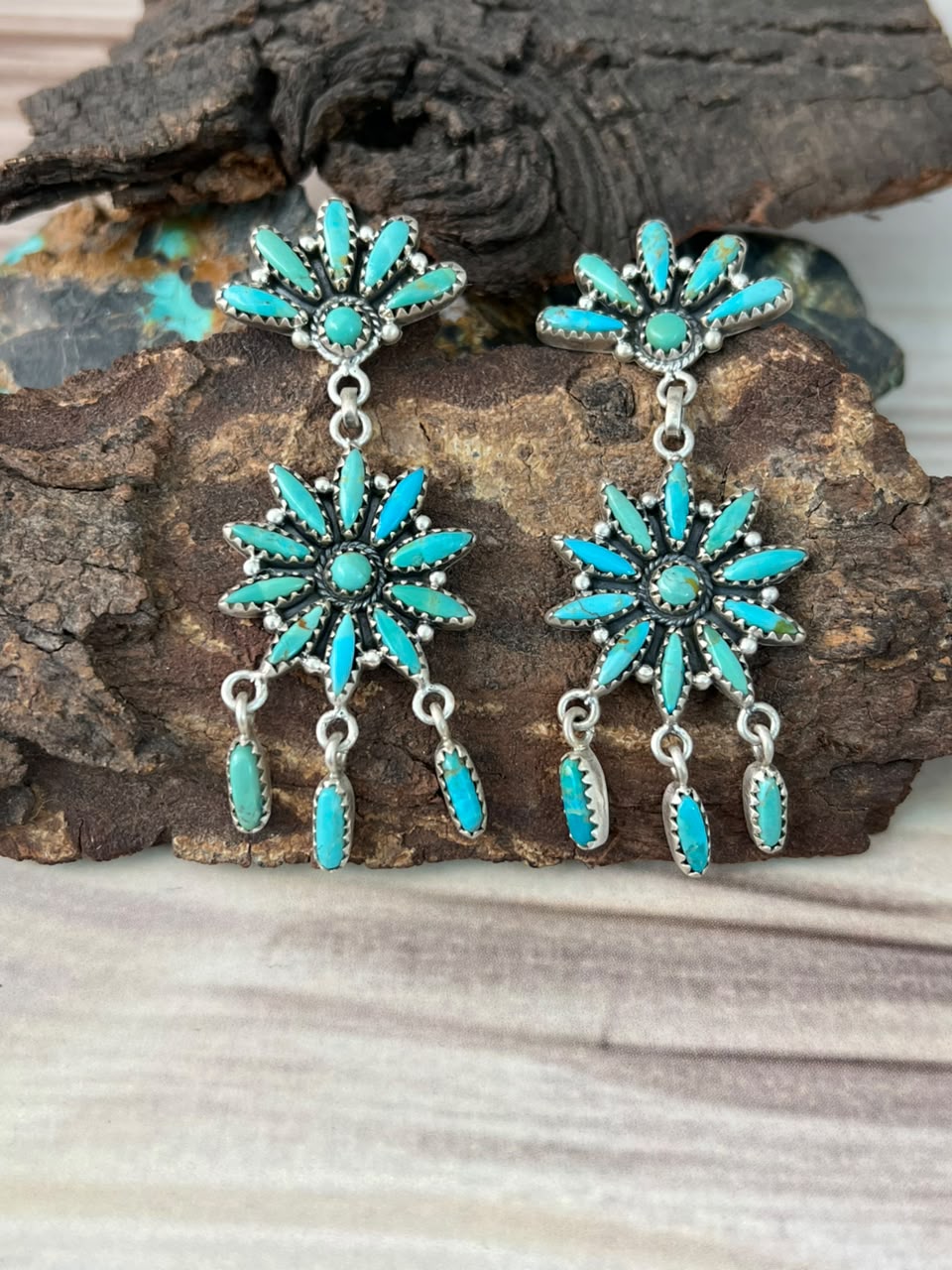 Handmade Sterling Silver Kingman Turquoise Post Dangle Earrings Signed Nizhoni