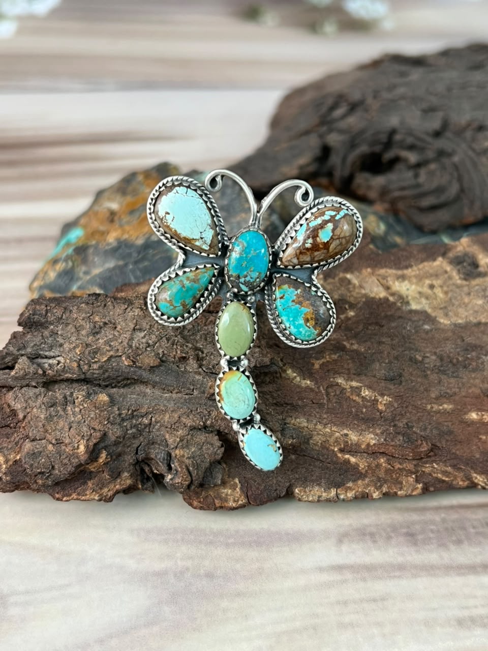 Handmade Sterling Silver Royston Turquoise Butterfly Adjustable Ring Signed Nizhoni