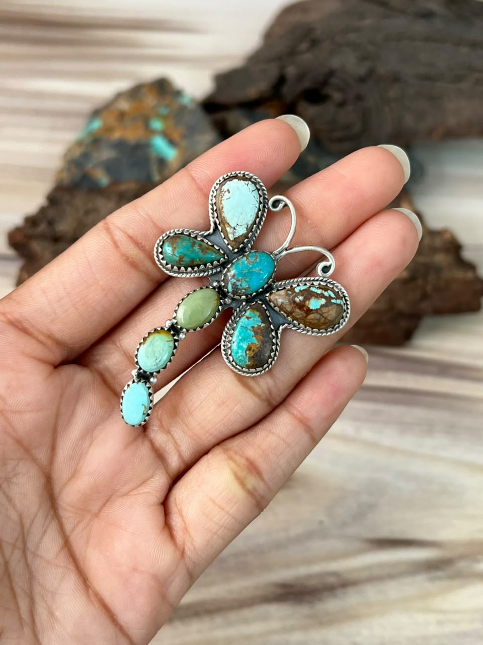 Handmade Sterling Silver Royston Turquoise Butterfly Adjustable Ring Signed Nizhoni