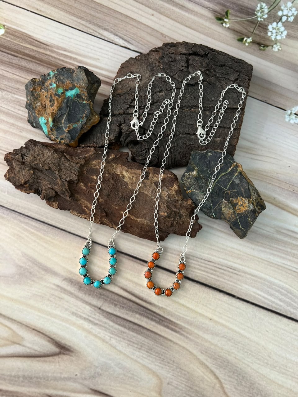 Handmade Sterling Silver Kingman Turquoise with Orange Mojave Necklace Signed Nizhoni