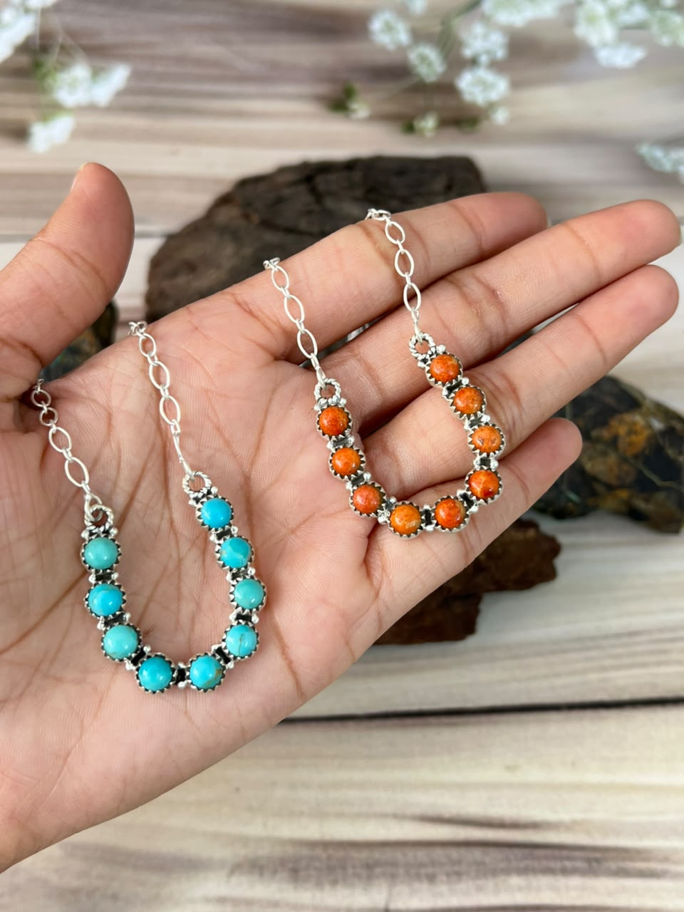 Handmade Sterling Silver Kingman Turquoise with Orange Mojave Necklace Signed Nizhoni