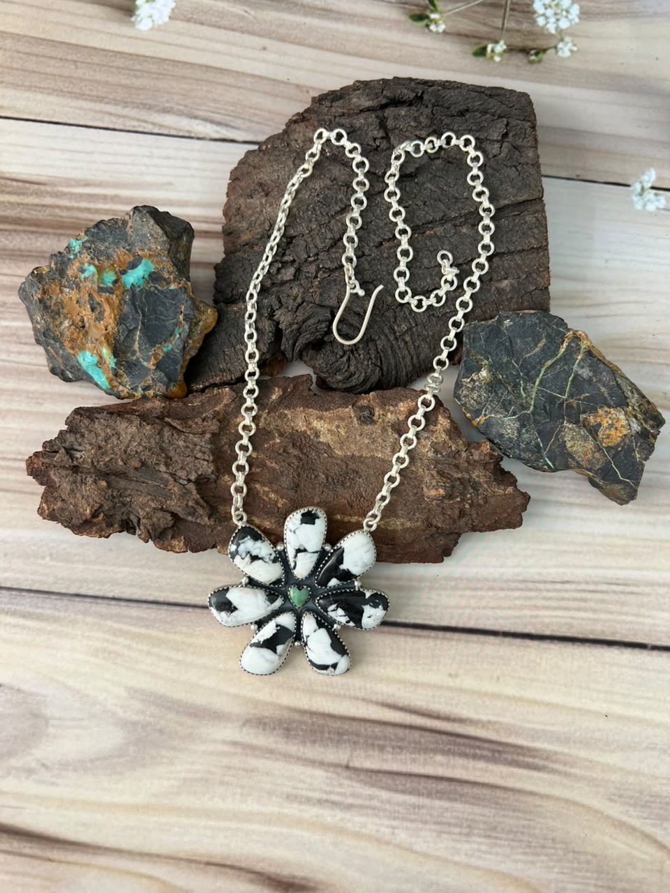 Handmade Sterling Silver Kingman Turquoise with White Buffalo Necklace Signed Nizhoni