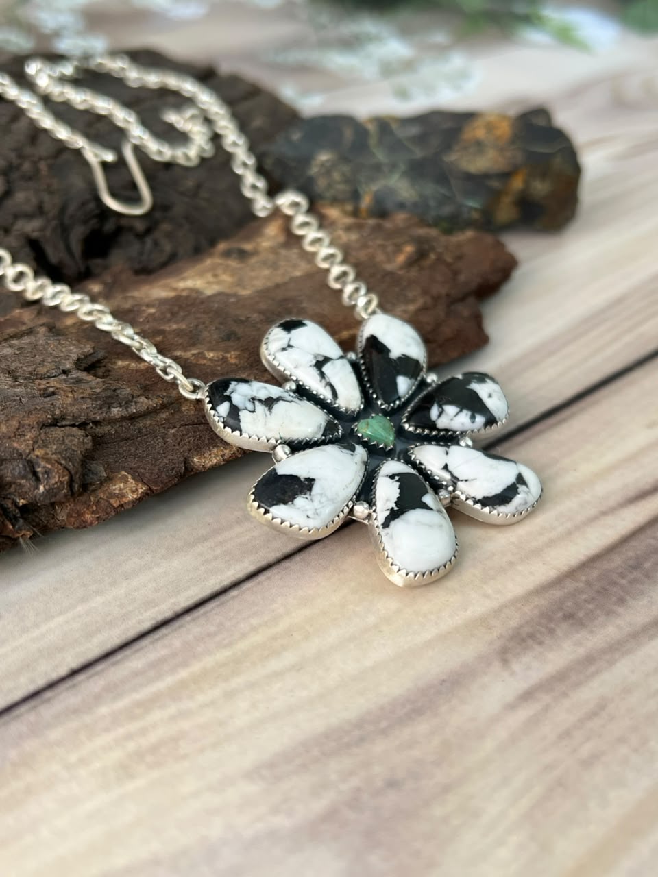 Handmade Sterling Silver Kingman Turquoise with White Buffalo Necklace Signed Nizhoni