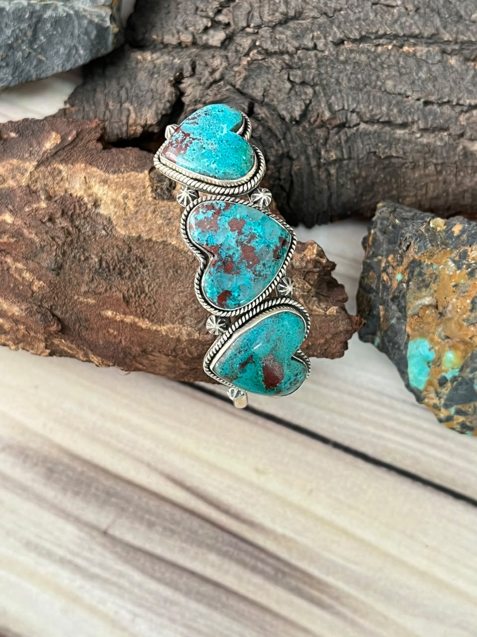 Handmade Sterling Silver Gem Silica Collection: Heart Cuff Bracelet Signed Nizhoni