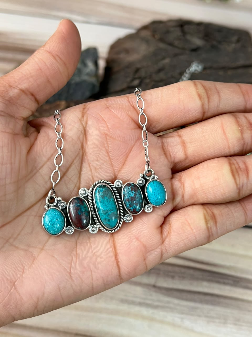 Handmade Sterling Silver Gem Silica Collection: Necklace Signed Nizhoni