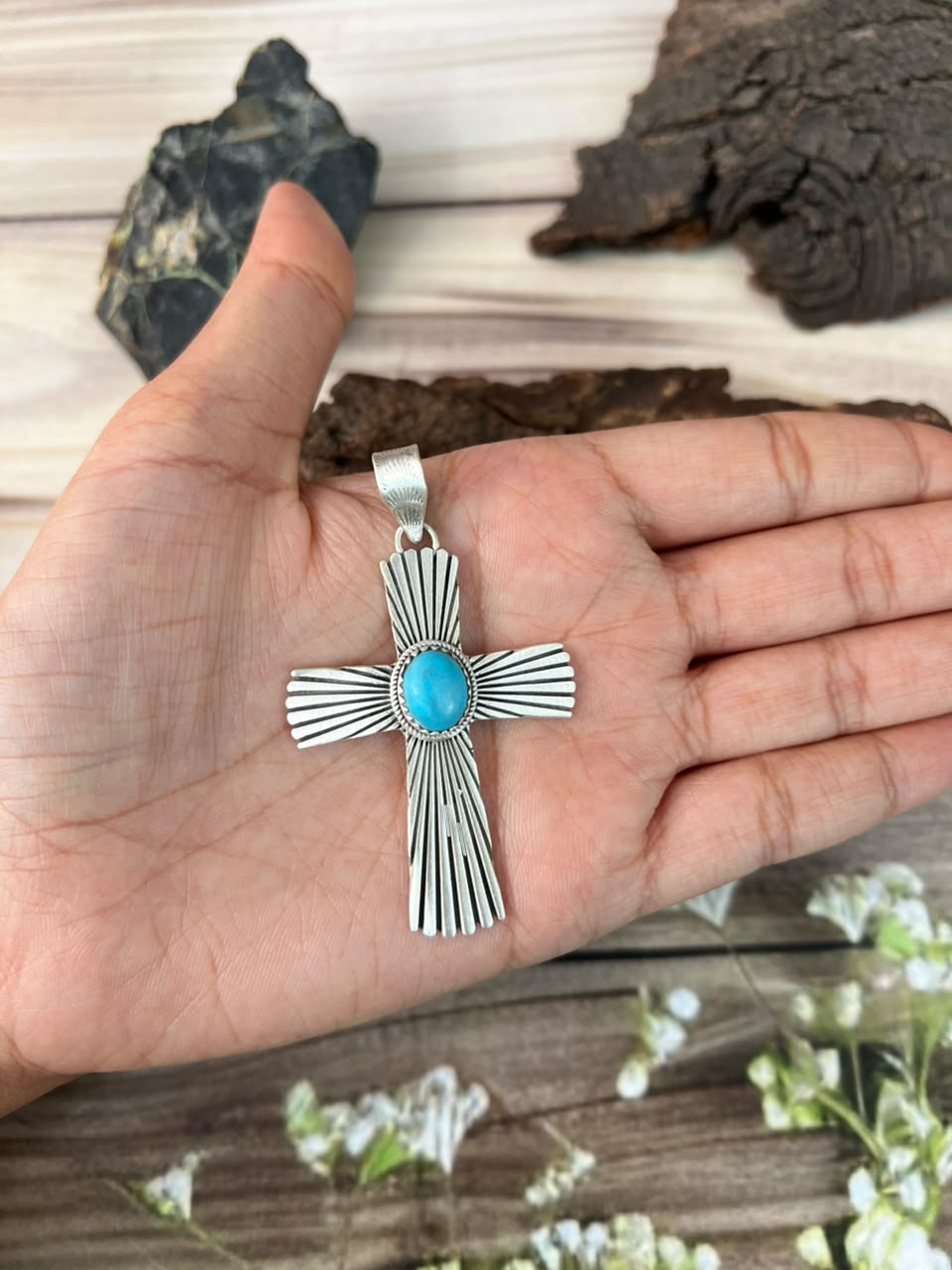 Handmade Sterling Silver Kingman Turquoise Cross Pendant Signed Nizhoni
