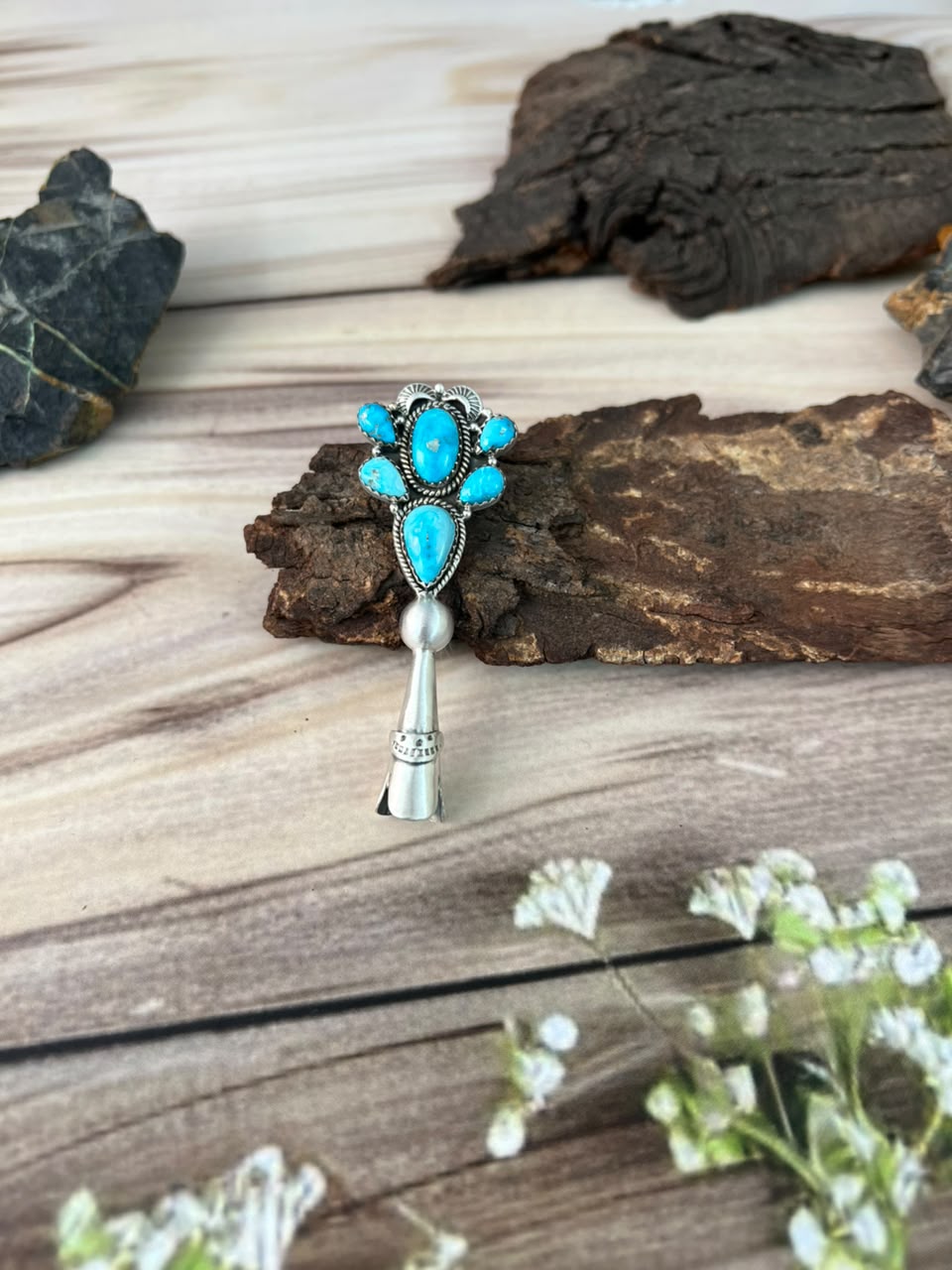 Handmade Sterling Silver Sierra Bella Turquoise Squash Blossom Pendant Signed Nizhoni (7)