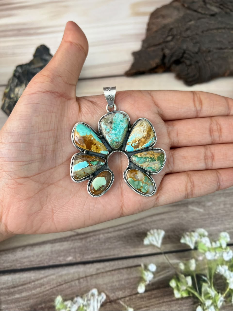 Handmade Sterling Silver Royston Turquoise Naja Pendant Signed Nizhoni