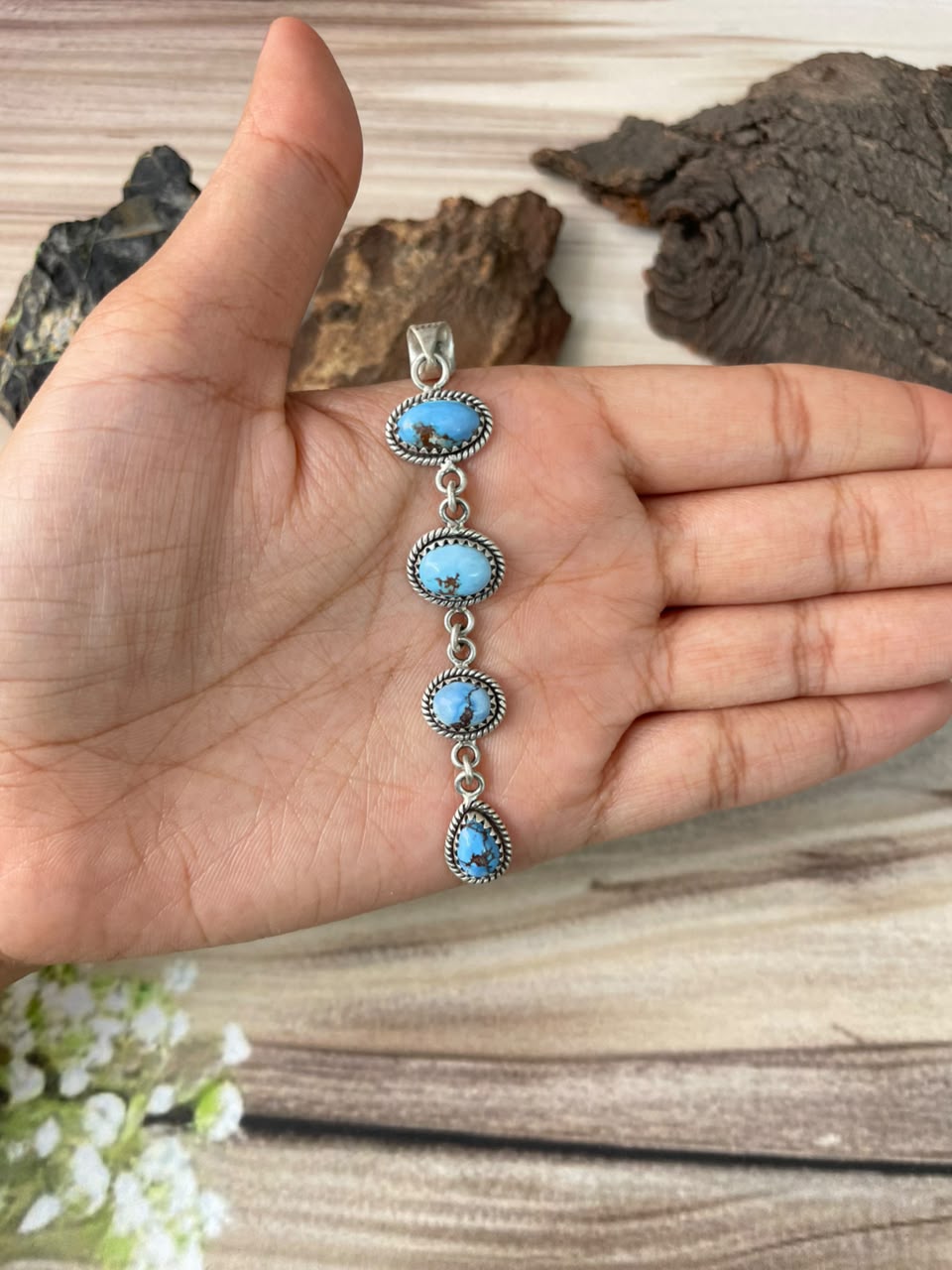 Handmade Sterling Silver Golden Hills Turquoise Pendant Signed Nizhoni