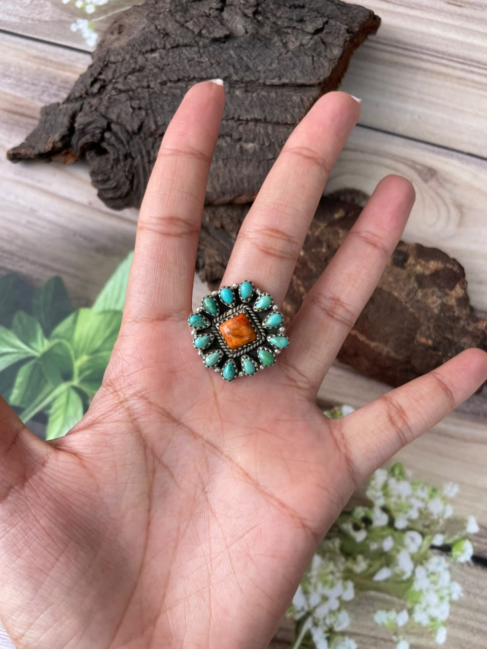 Handmade Sterling Silver Kingman Turquoise with Orange Mojave Adjustable Ring Signed Nizhoni