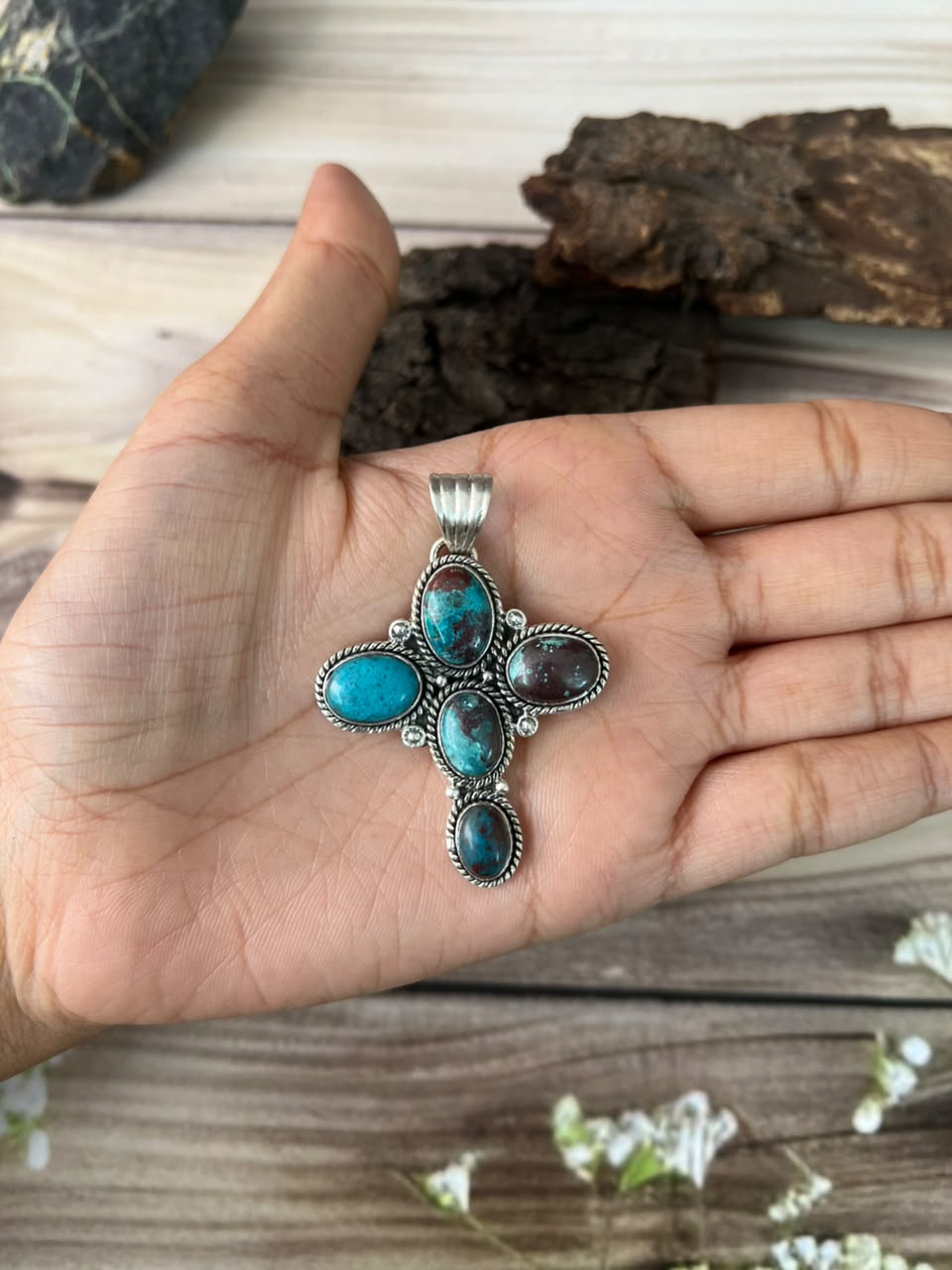Handmade Sterling Silver Gem Silica Collection: Cross Pendant Signed Nizhoni