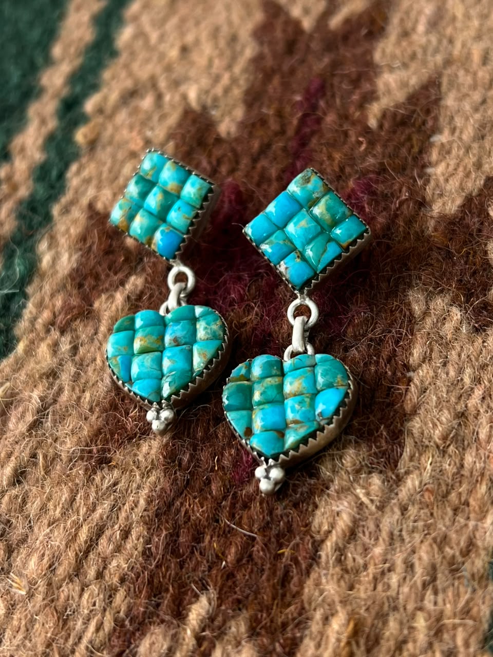 Handmade Sterling Silver Kingman Turquoise Cobble Stone Post Dangle Earrings Signed Nizhoni