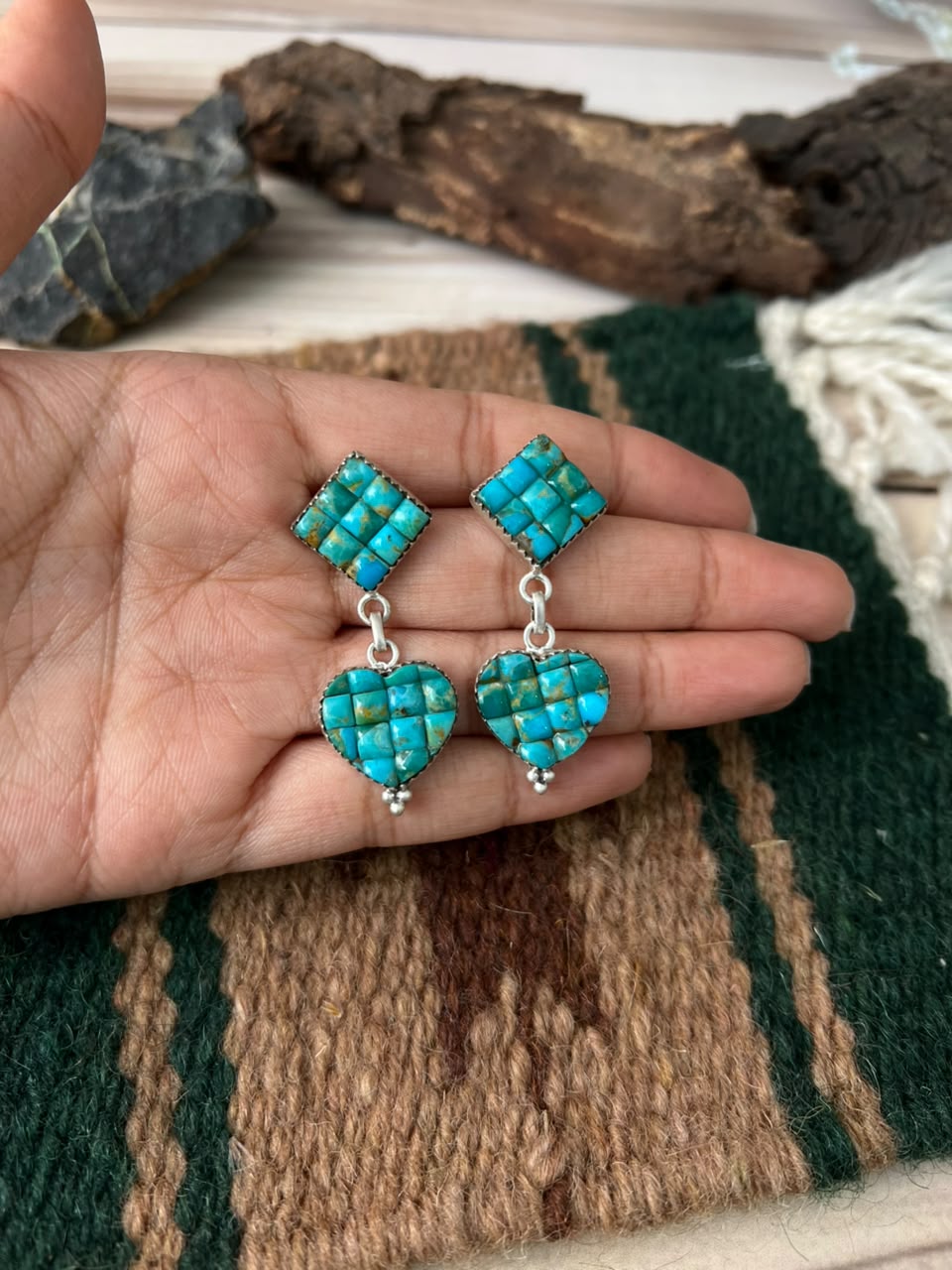 Handmade Sterling Silver Kingman Turquoise Cobble Stone Post Dangle Earrings Signed Nizhoni