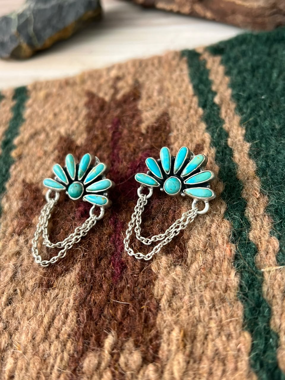 Handmade Sterling Silver Kingman Turquoise Post Dangle Earrings Signed Nizhoni