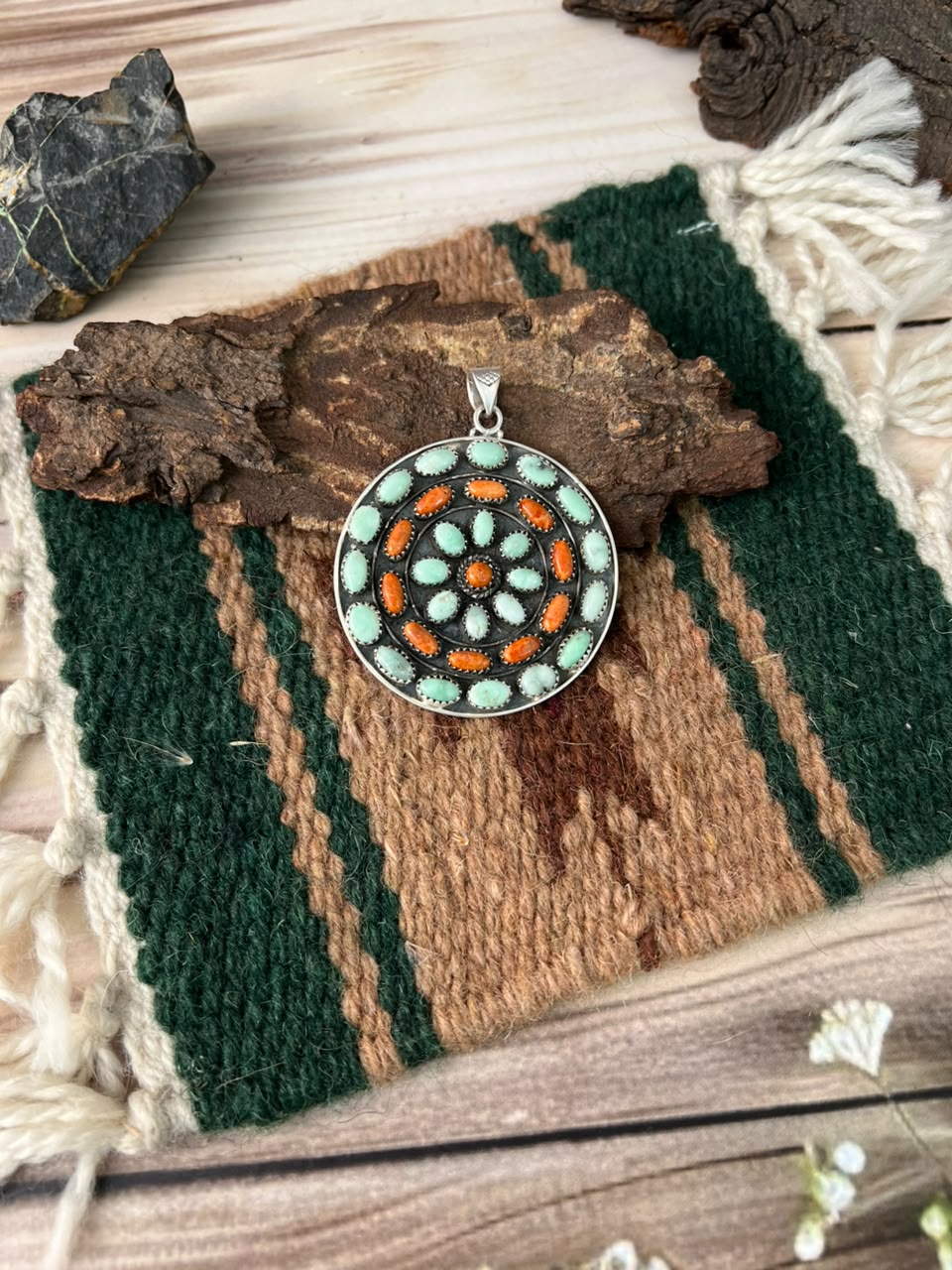 Handmade Sterling Silver Paloma Turquoise with Orange Mojave Pendant Signed Nizhoni