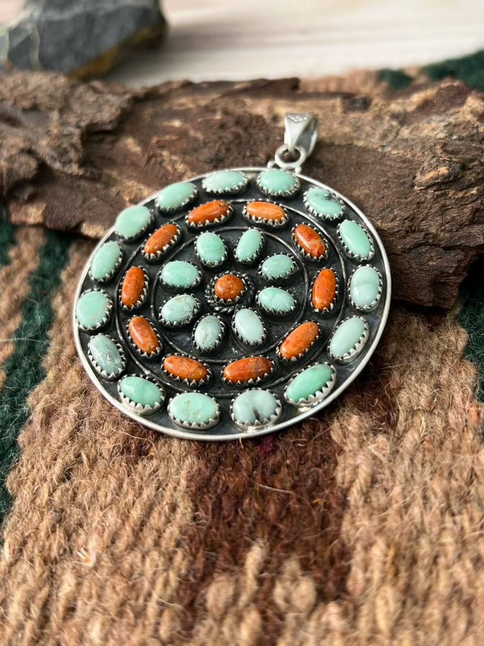 Handmade Sterling Silver Paloma Turquoise with Orange Mojave Pendant Signed Nizhoni