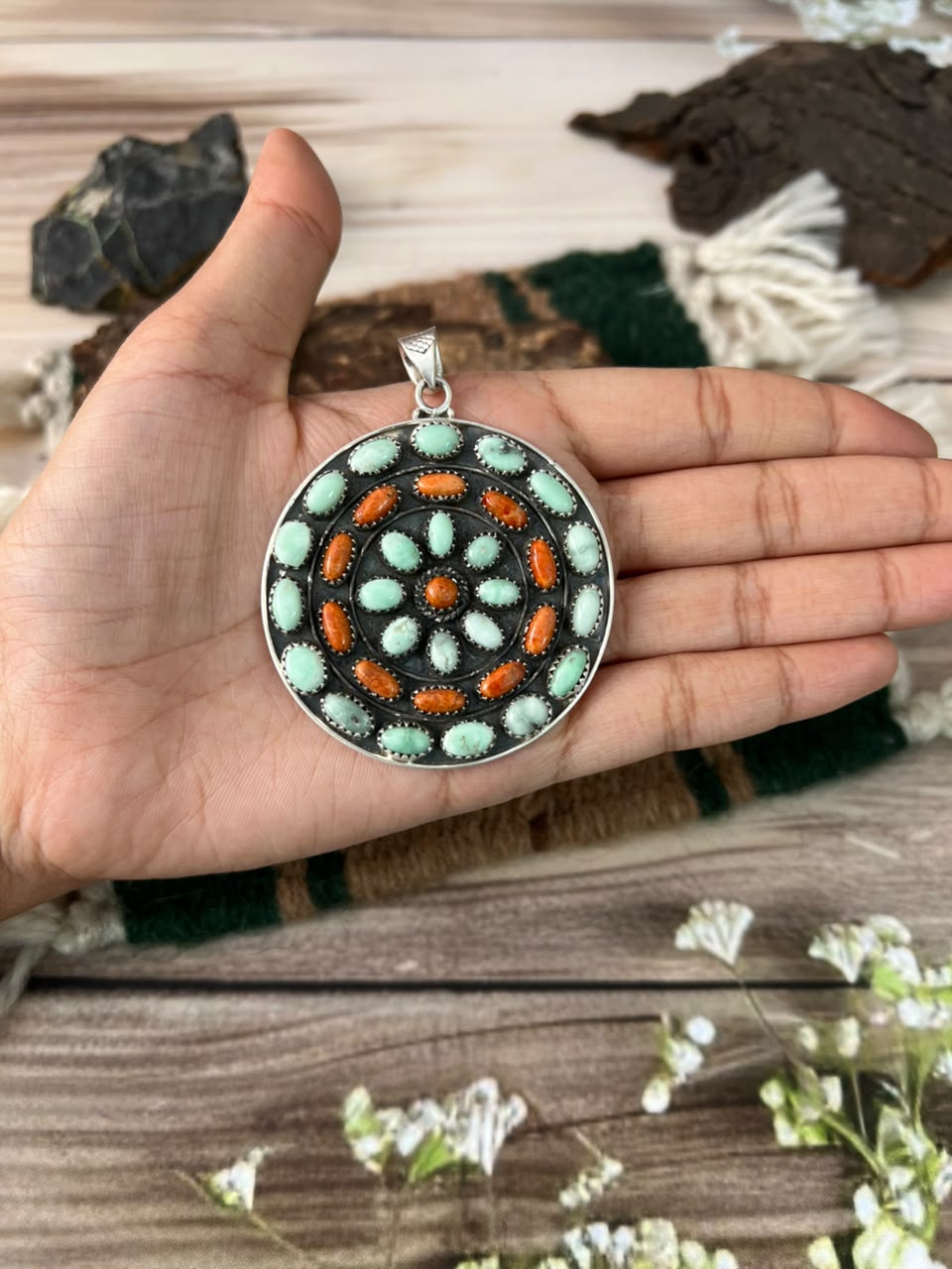 Handmade Sterling Silver Paloma Turquoise with Orange Mojave Pendant Signed Nizhoni
