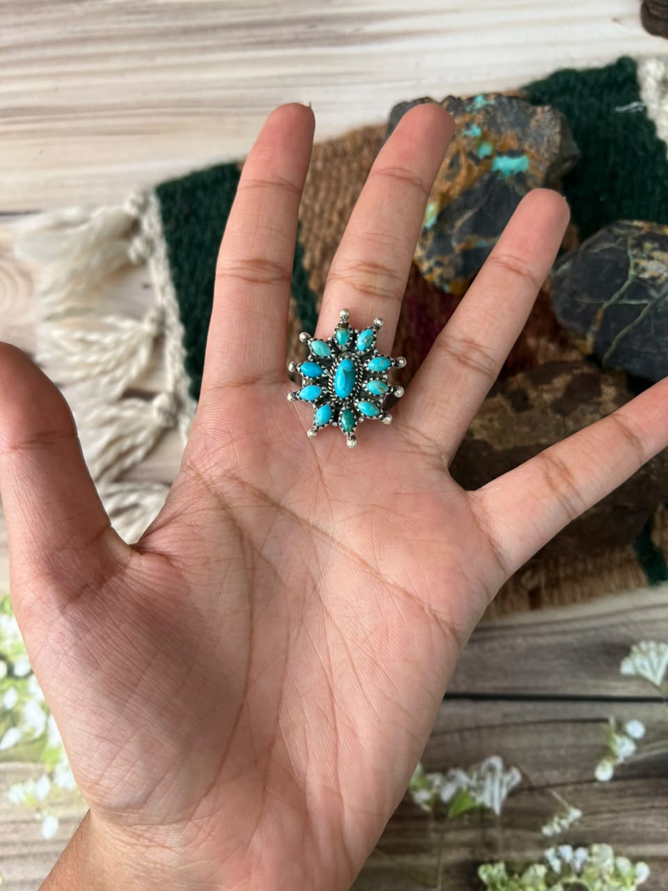 Handmade Sterling Silver Kingman Turquoise Adjustable Ring Signed Nizhoni