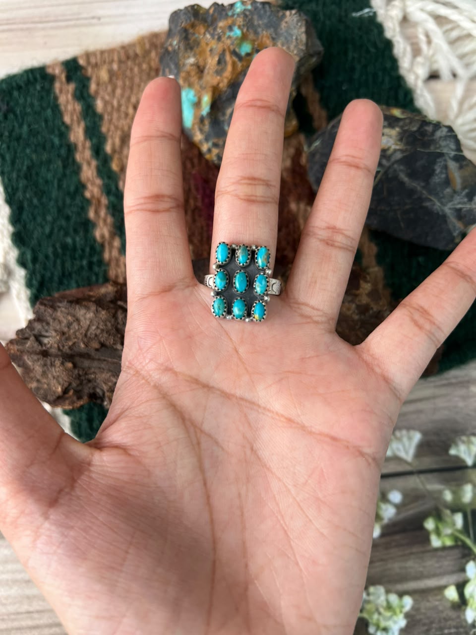 Handmade Sterling Silver Kingman Turquoise Adjustable Ring Signed Nizhoni