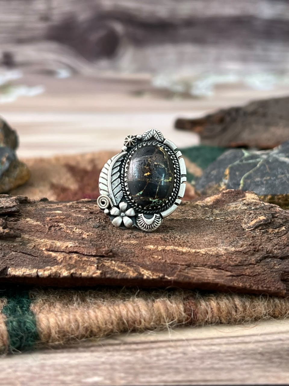 Handmade Sterling Silver Blackjack Turquoise Adjustable Ring Signed Nizhoni