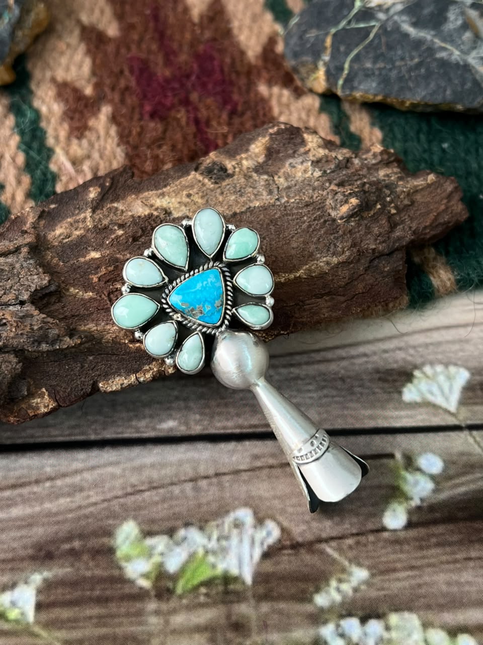 Handmade Sterling Silver Paloma with Sierra Bella Turquoise Squash Blossom Pendant Signed Nizhoni