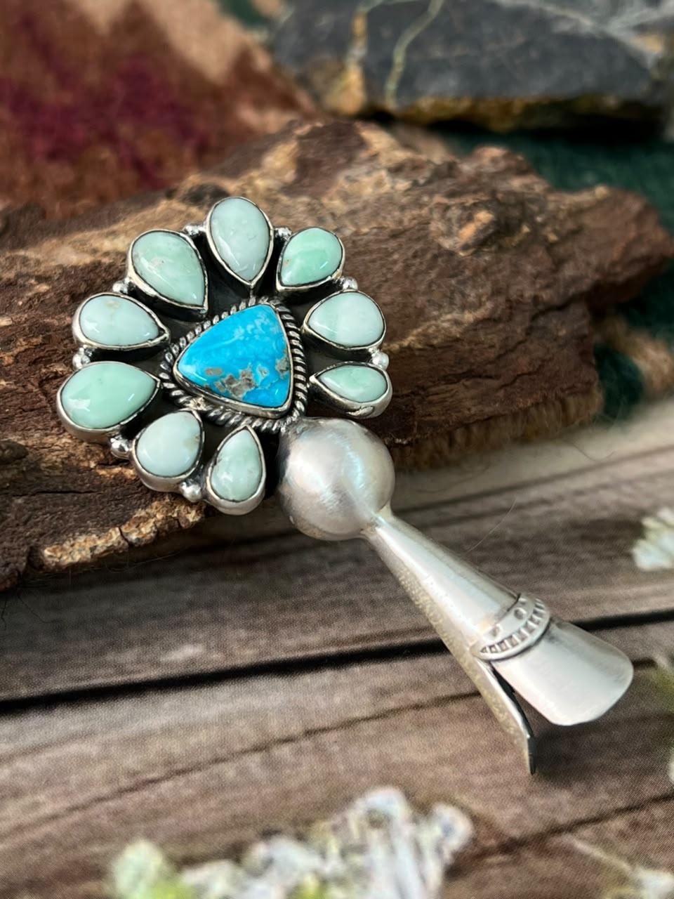 Handmade Sterling Silver Paloma with Sierra Bella Turquoise Squash Blossom Pendant Signed Nizhoni
