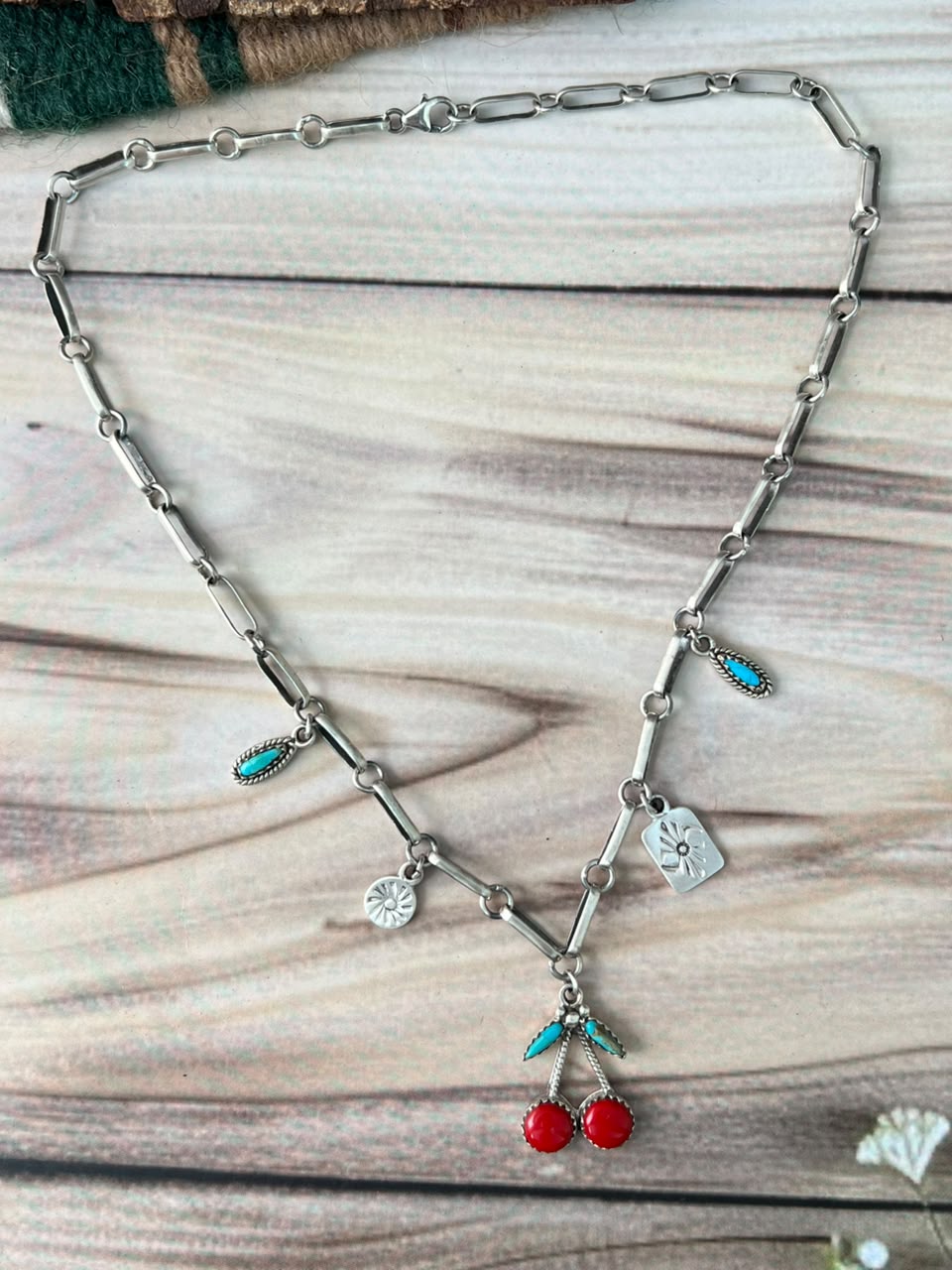 Handmade Sterling Silver Kingman Turquoise with Rosarita Cherry Necklace Signed Nizhoni