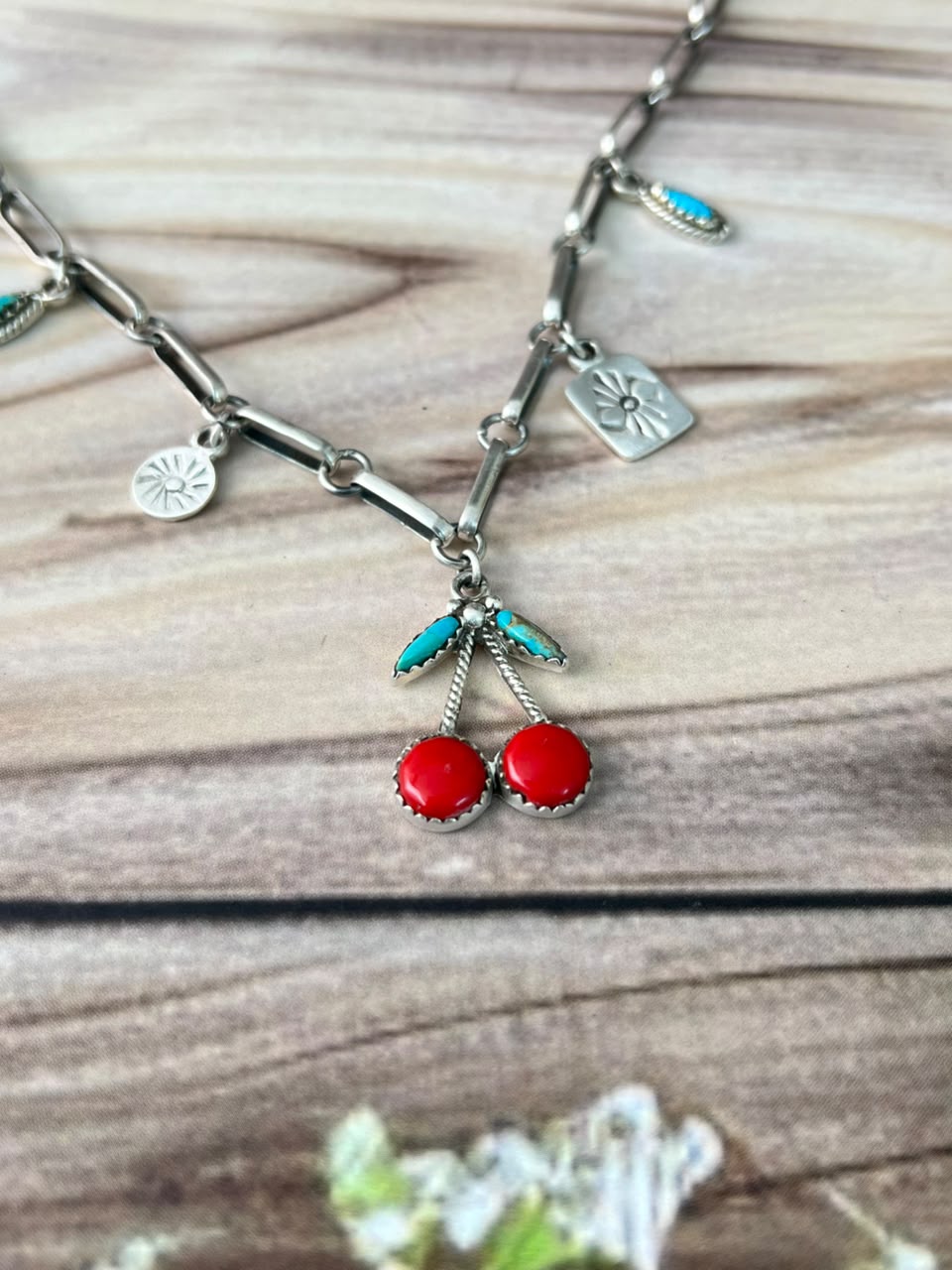 Handmade Sterling Silver Kingman Turquoise with Rosarita Cherry Necklace Signed Nizhoni