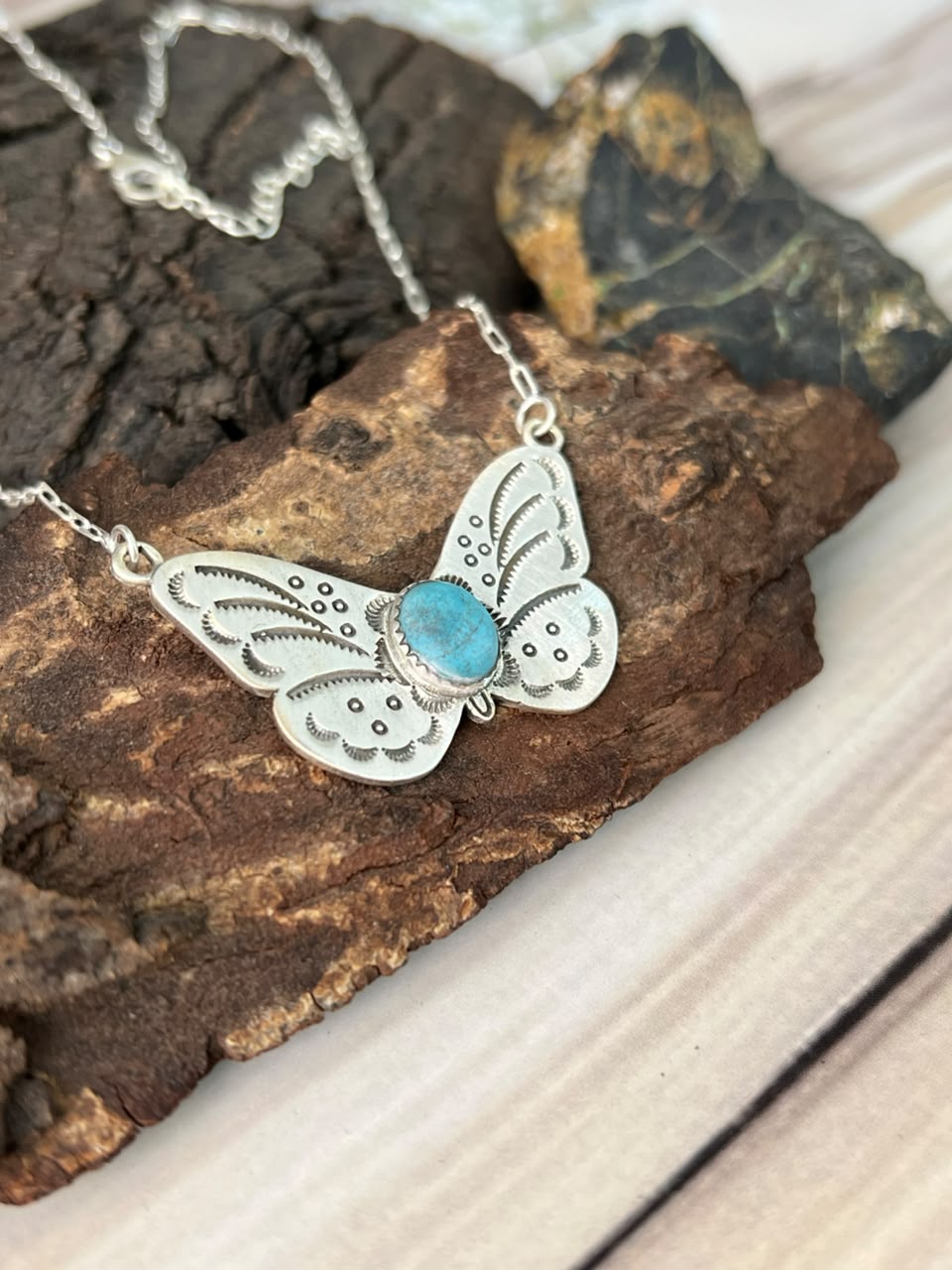 Handmade Sterling Silver Kingman Turquoise Butterfly Necklace Signed Nizhoni