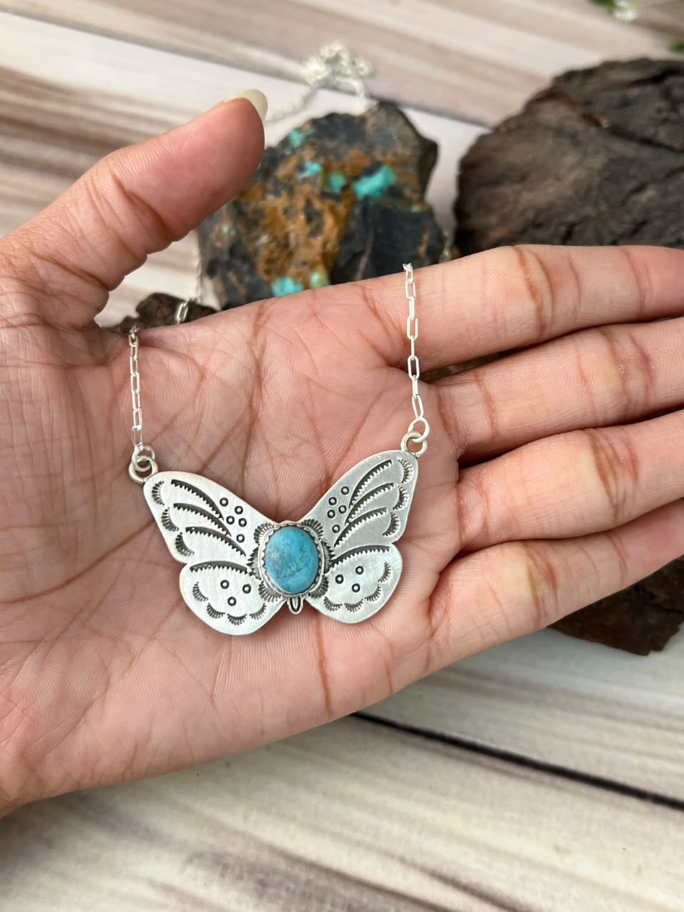 Handmade Sterling Silver Kingman Turquoise Butterfly Necklace Signed Nizhoni