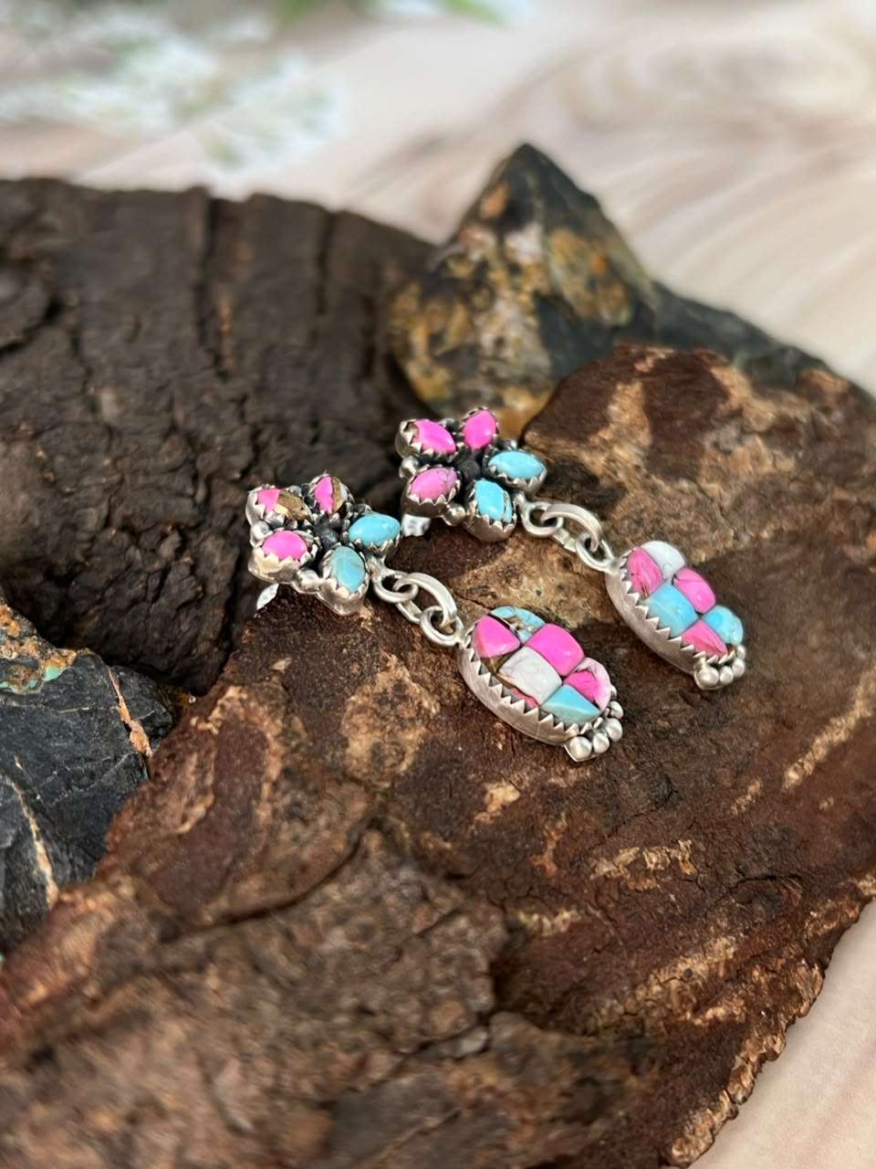 Handmade Sterling Silver Cotton Candy Cobble Stone Post Dangle Earrings Signed Nizhoni