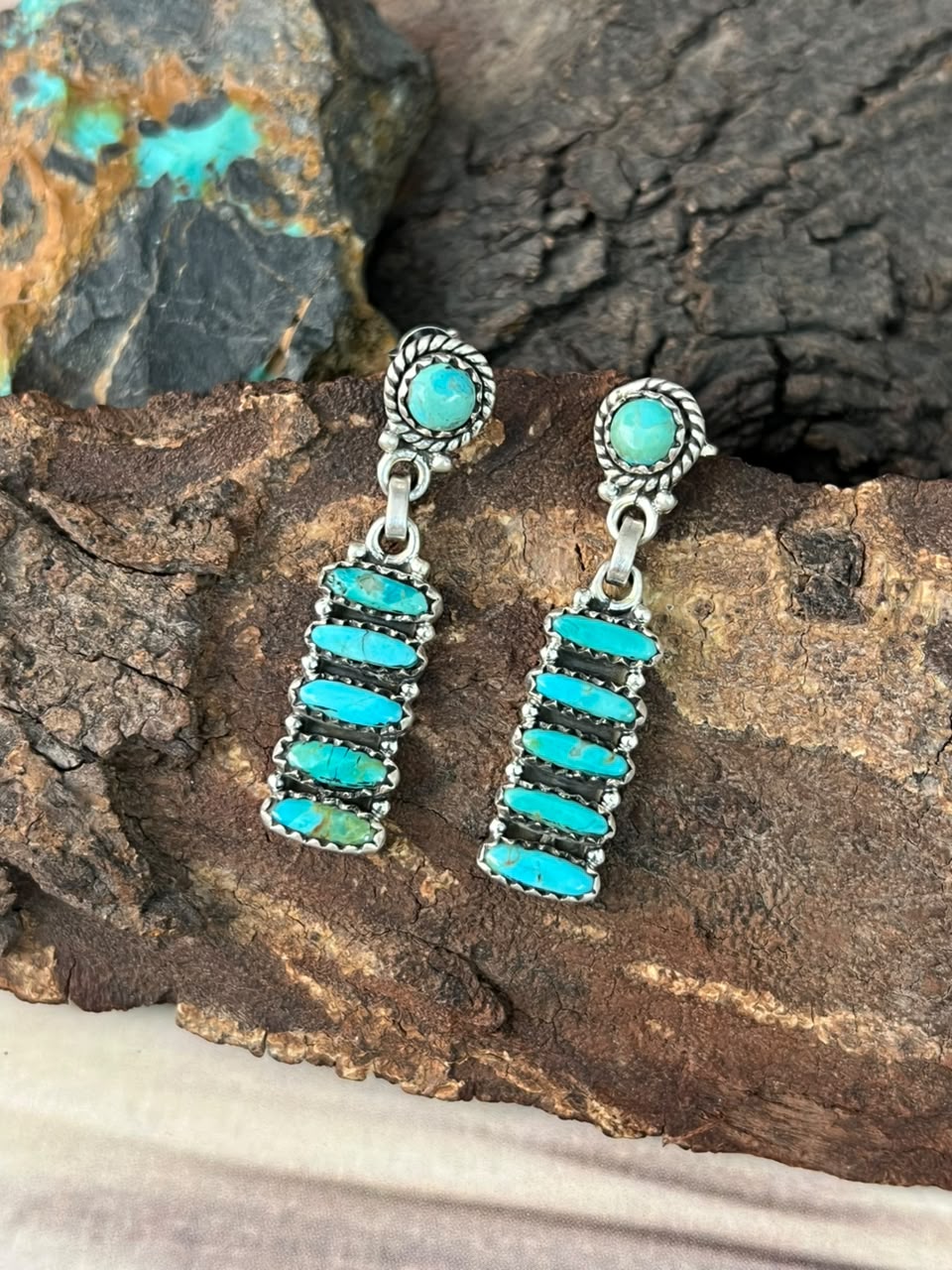 Handmade Sterling Silver Kingman Turquoise Post Dangle Earrings Signed Nizhoni