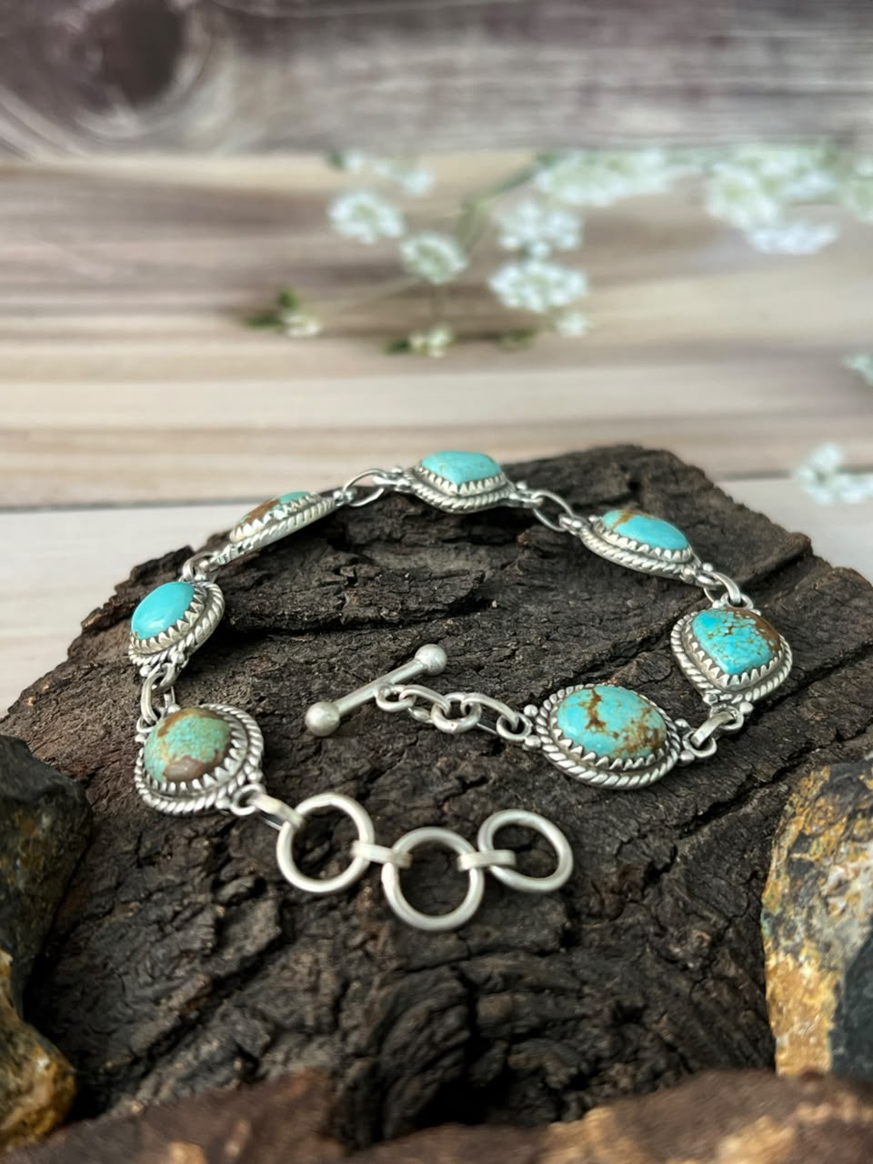 Handmade Sterling Silver Number 8 Turquoise Chain Bracelet Signed Nizhoni